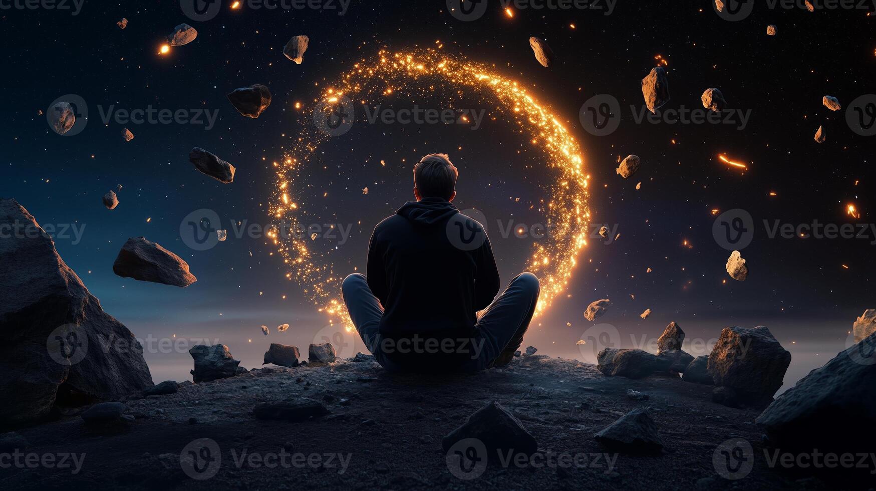 A person sits on rocky terrain, gazing at a glowing cosmic portal surrounded by floating asteroids during a tranquil evening photo