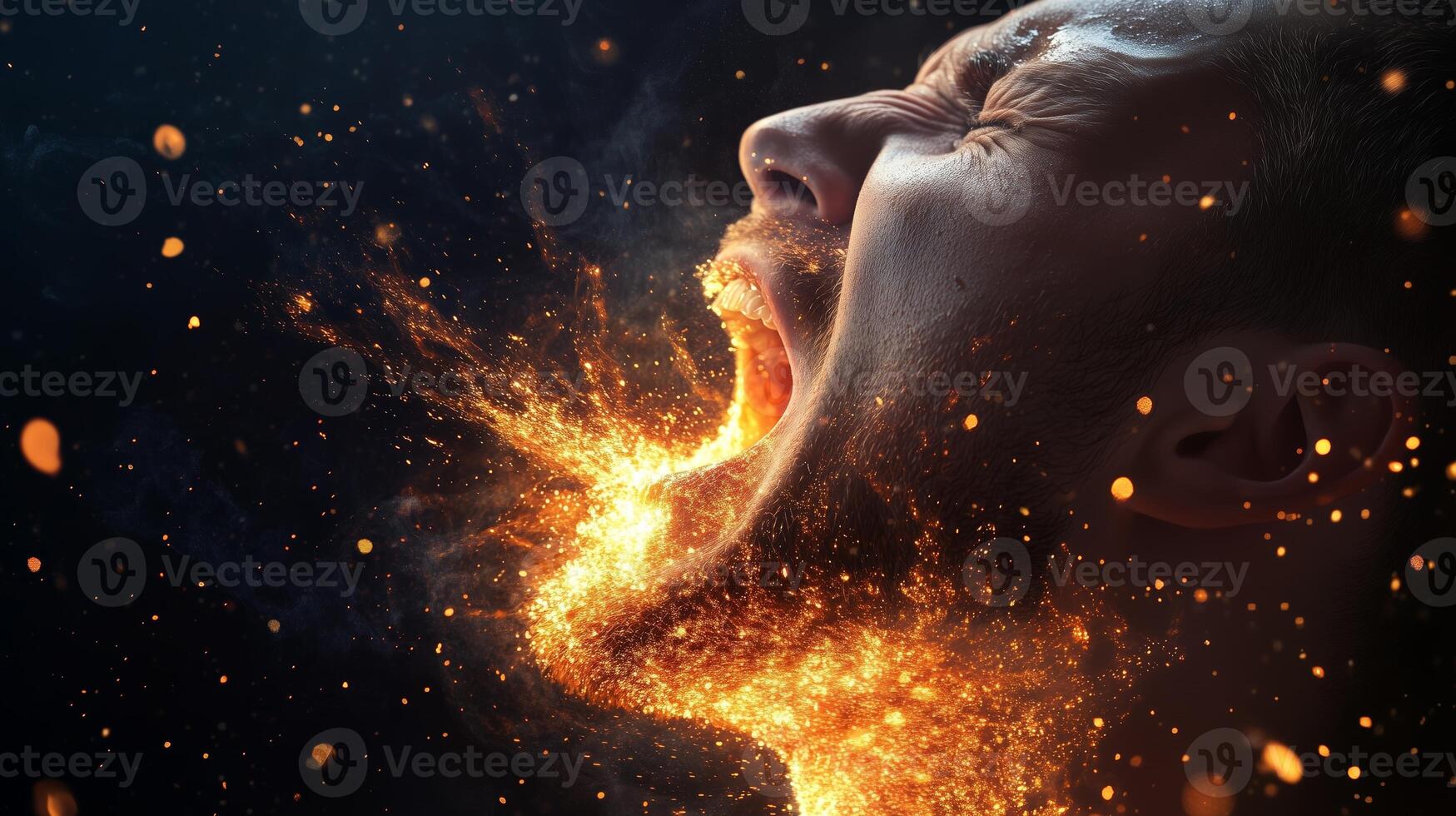A man expresses intense emotion as flames ignite from his mouth against a dark background during a dramatic artistic performance photo