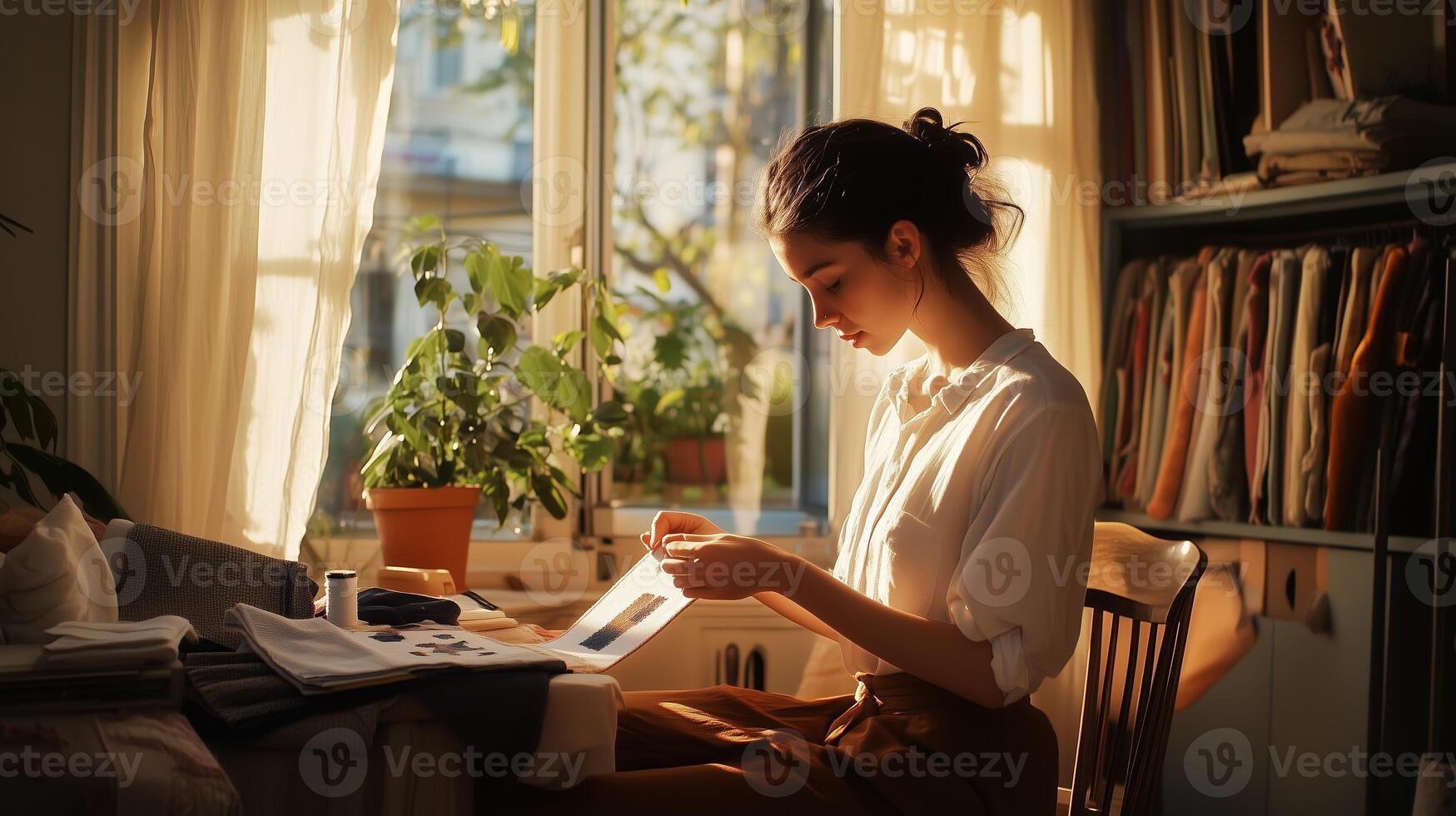 A young woman focused on crafting by the sunlight in a cozy room filled with plants and fabrics in the afternoon photo