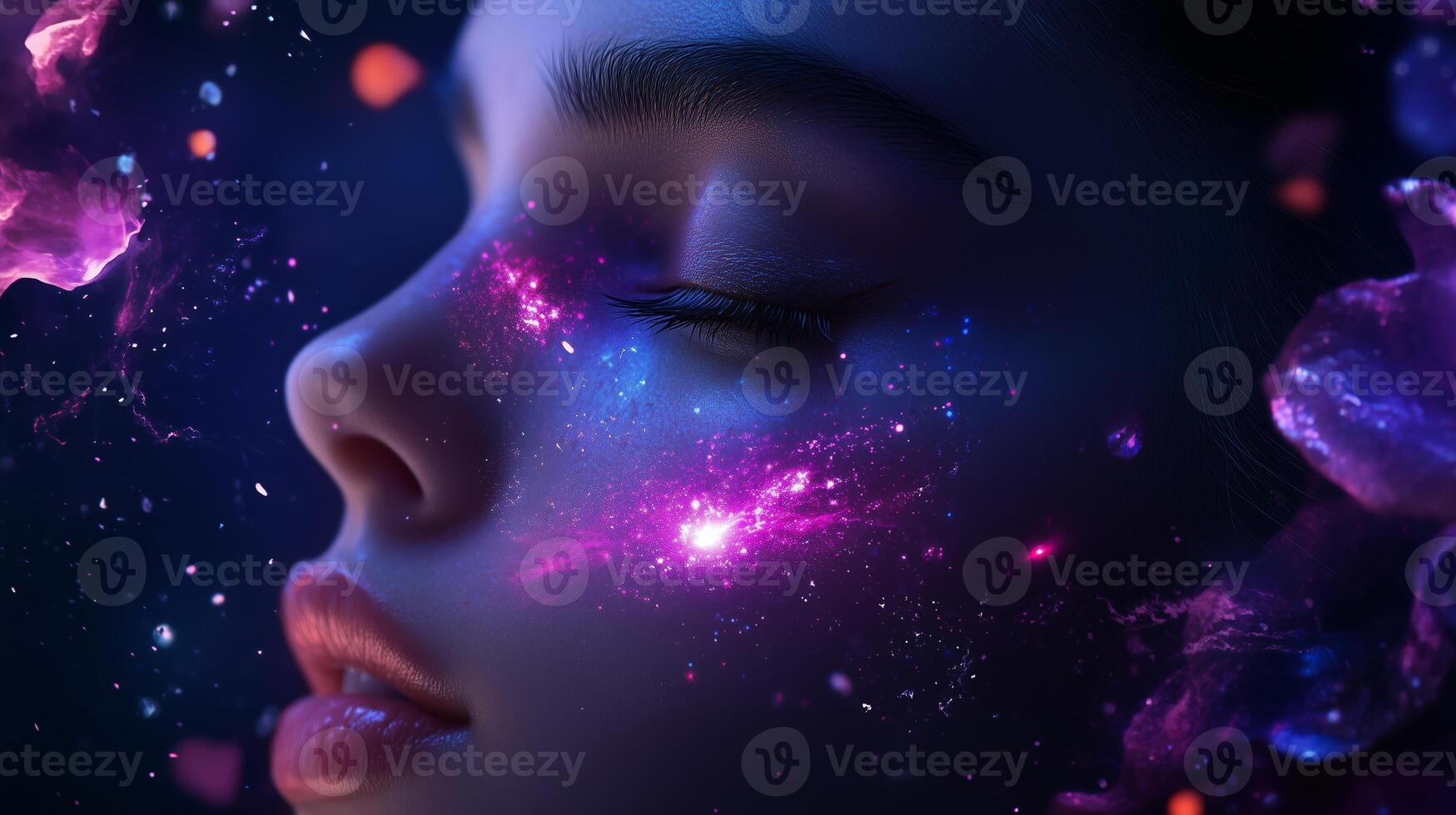 A serene portrait of a young woman with cosmic elements gracefully blended into her features, creating a dreamy night sky effect photo
