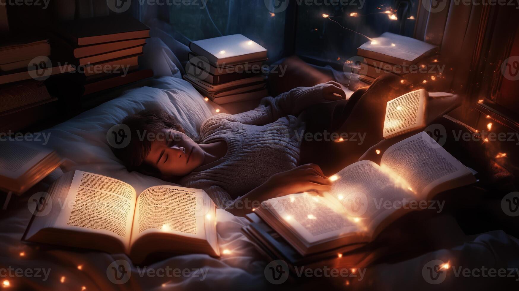 A cozy evening with magical glowing books illuminating a reader nestled in bed surrounded by a warm, inviting atmosphere photo