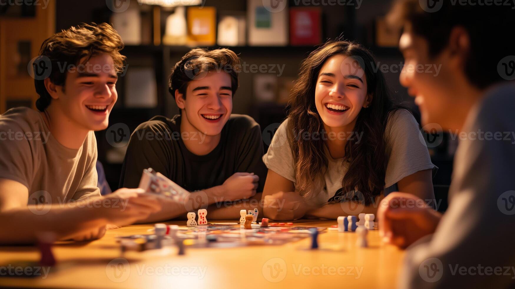 Friends enjoying a game night with laughter, snacks, and strategy at home in the evening photo