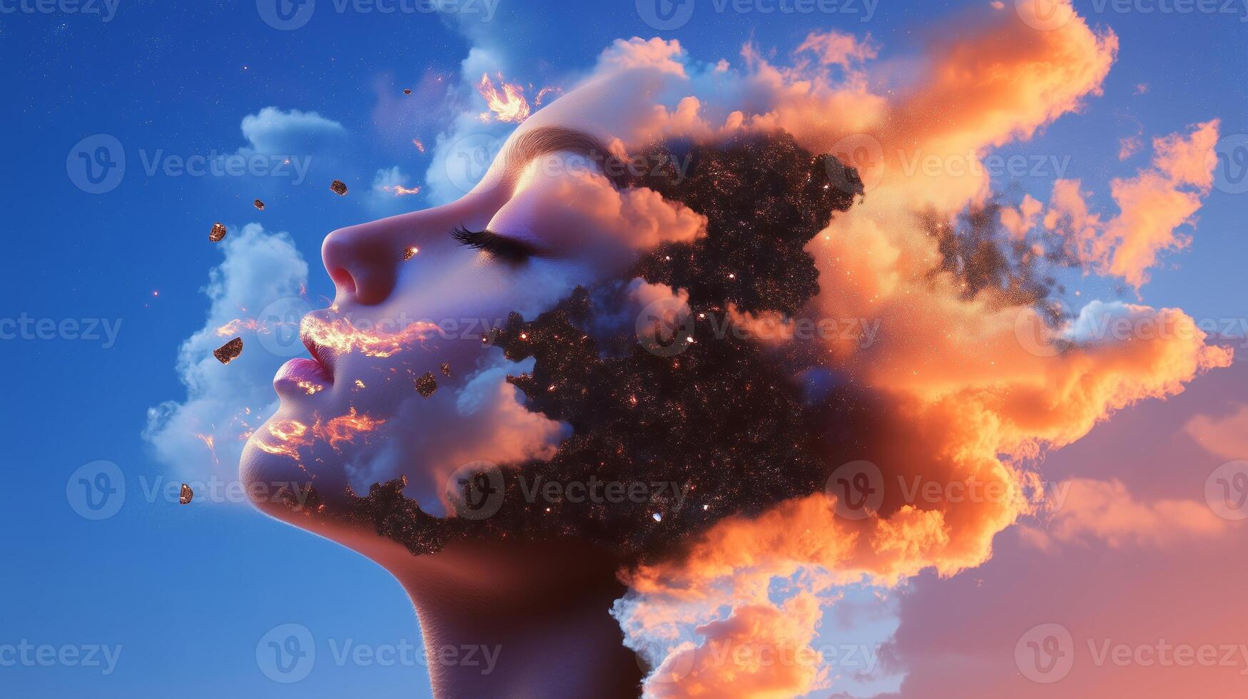 A surreal depiction of a woman's face merging with vibrant clouds during a sunset in an imaginative artistic style photo
