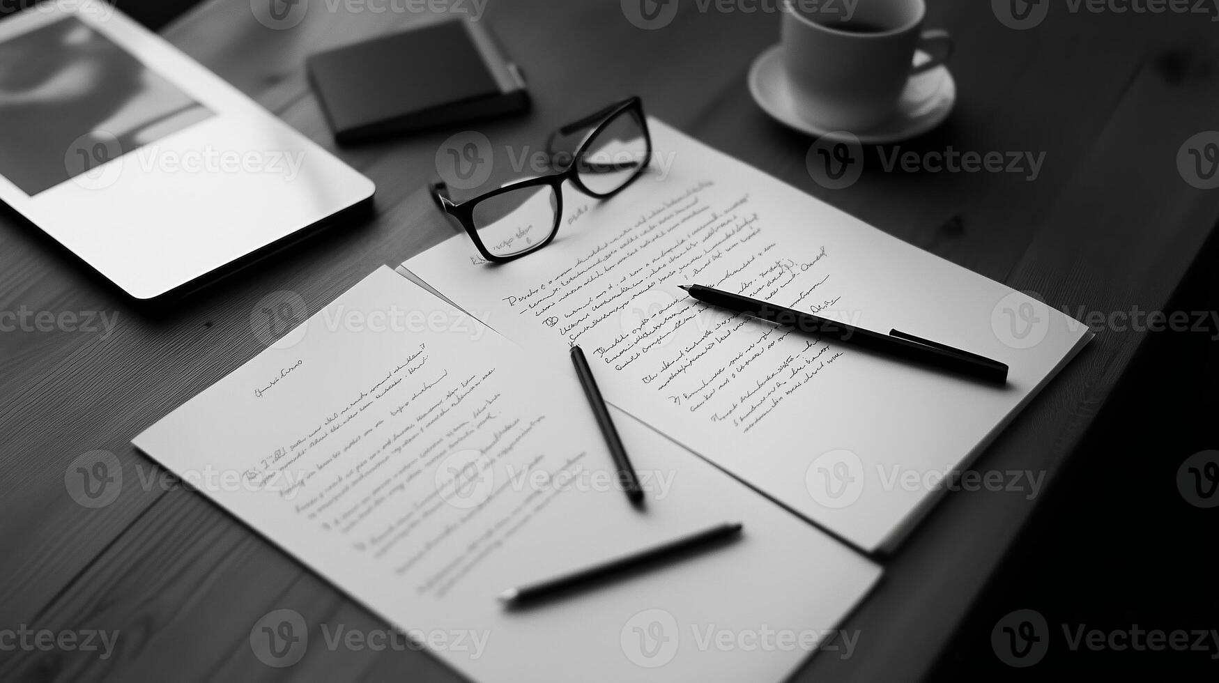 A workspace with writing materials, glasses, and a cup of coffee on a wooden table in a cozy indoor setting photo