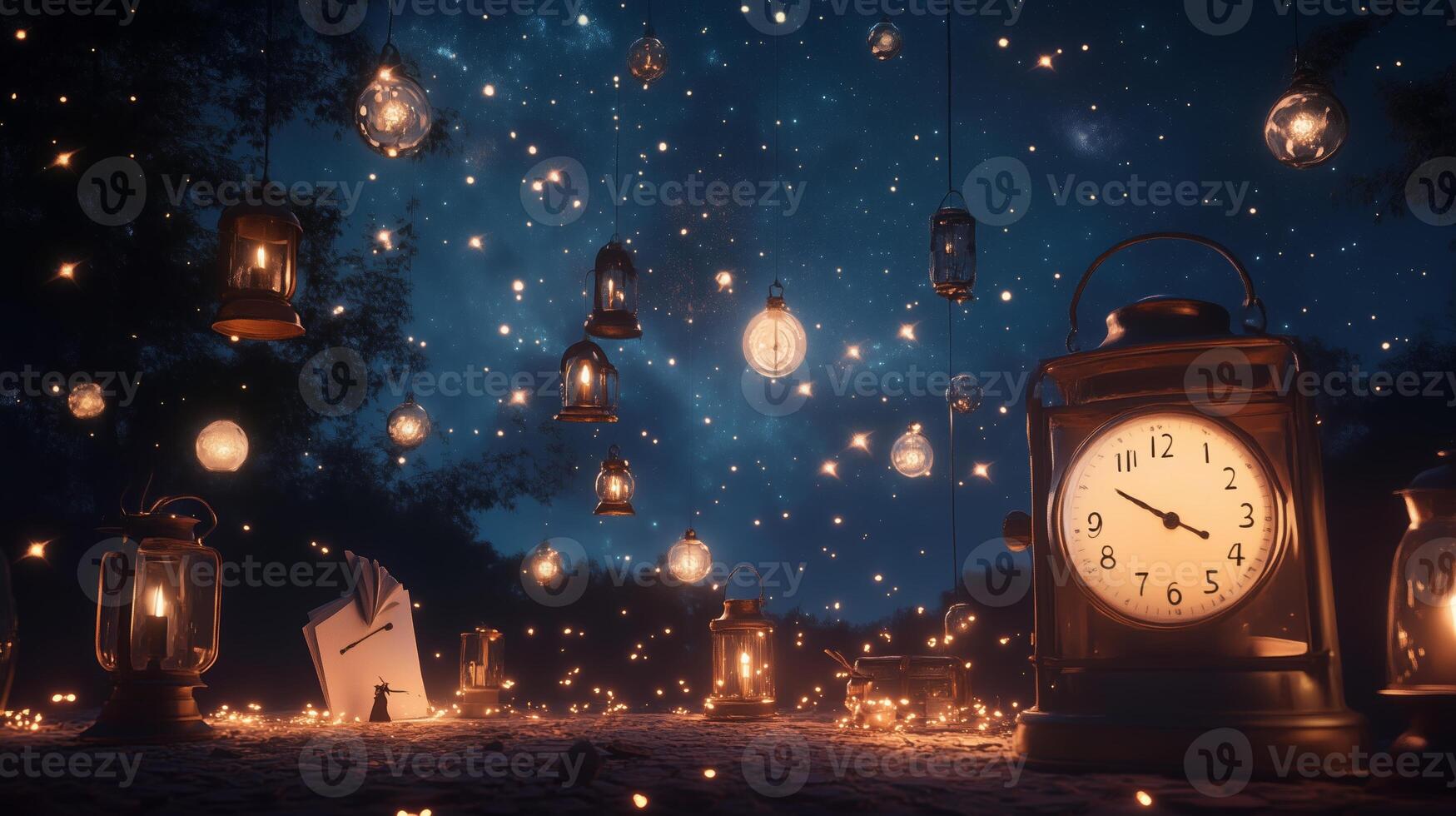 Enchanting night scene with lanterns and a vintage clock under a starry sky at dusk photo