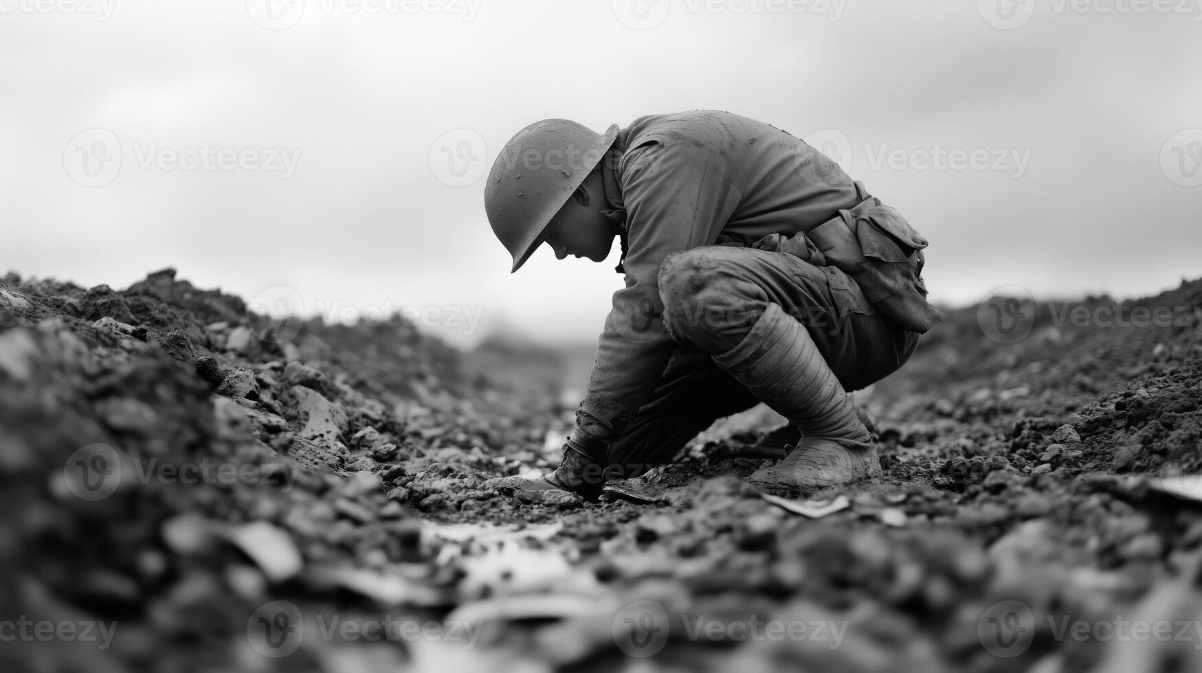 Soldier digging in muddy terrain during a gray, overcast day in a historic battlefield location amid wartime conditions photo