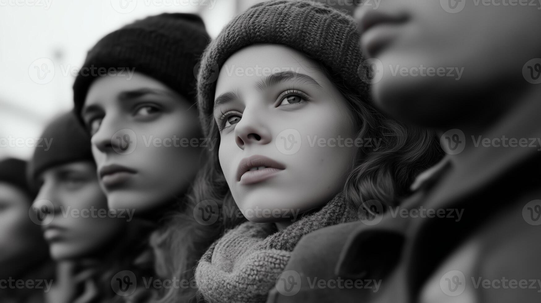 Young people in winter clothes attentively observing a gathering in an urban setting during a chilly afternoon photo