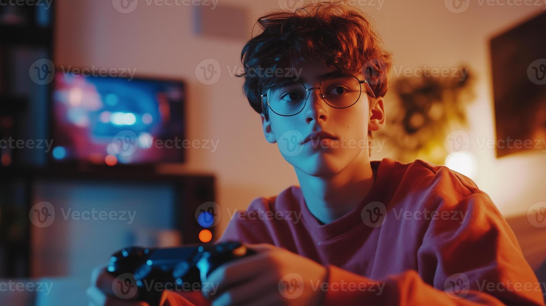 A young gamer immersed in a game during an evening at home with colorful lighting and a TV in the background photo