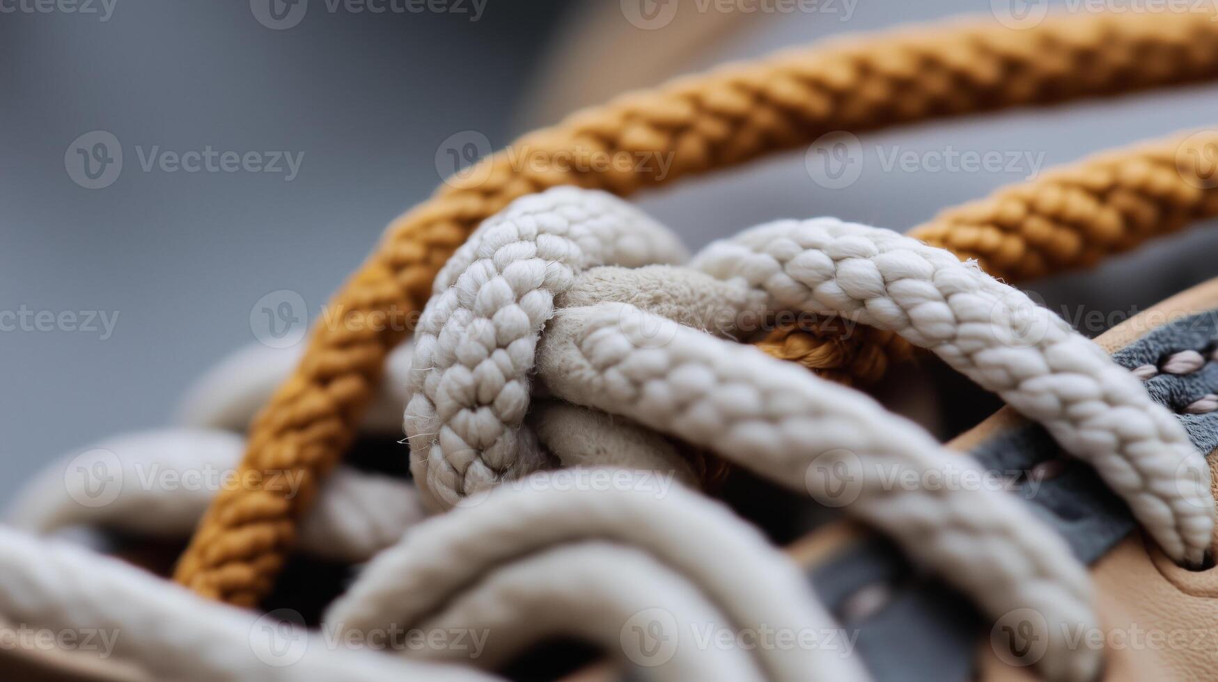 Close-up view of intertwined shoelaces featuring beige and orange colors on a sneaker outdoors in soft lighting photo
