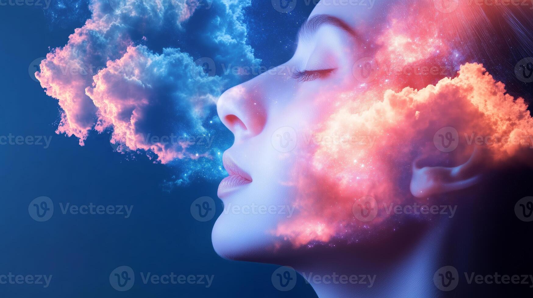 A serene woman exhales colorful clouds of vapor against a deep blue backdrop, capturing a moment of tranquility and creativity photo