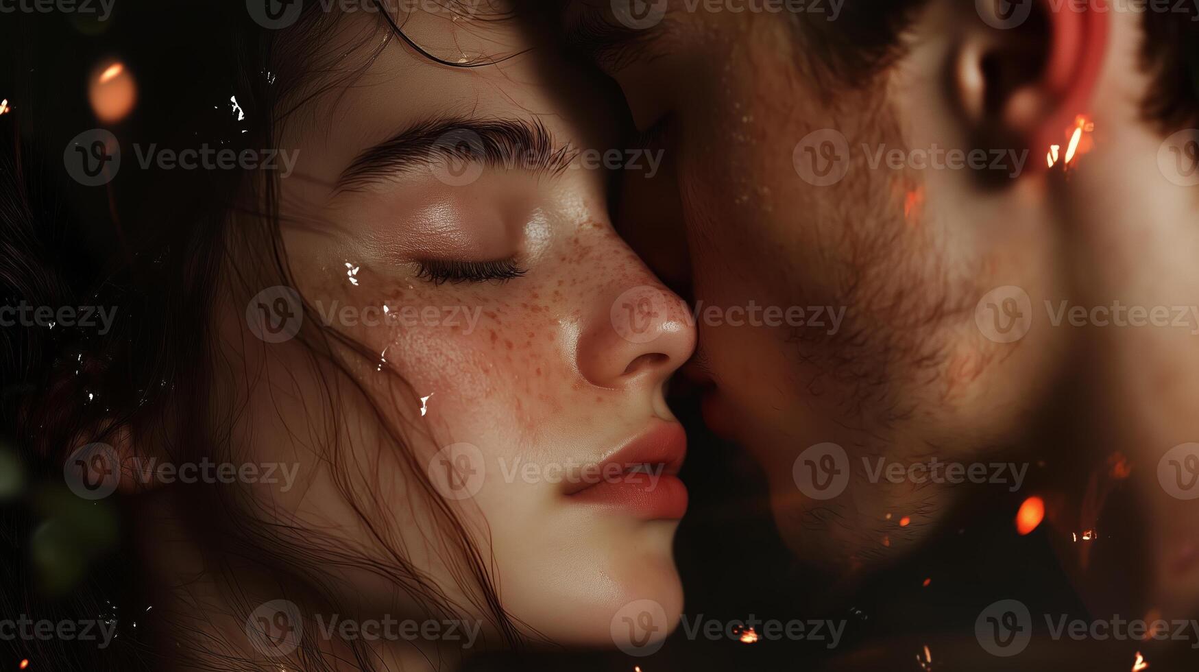 Romantic couple sharing a tender kiss surrounded by enchanting sparkles in an intimate setting during twilight hours photo