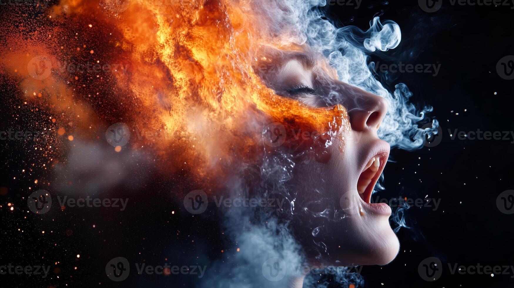 A woman expressing intense emotion with flames and smoke swirling around her head in a dramatic artistic portrayal photo