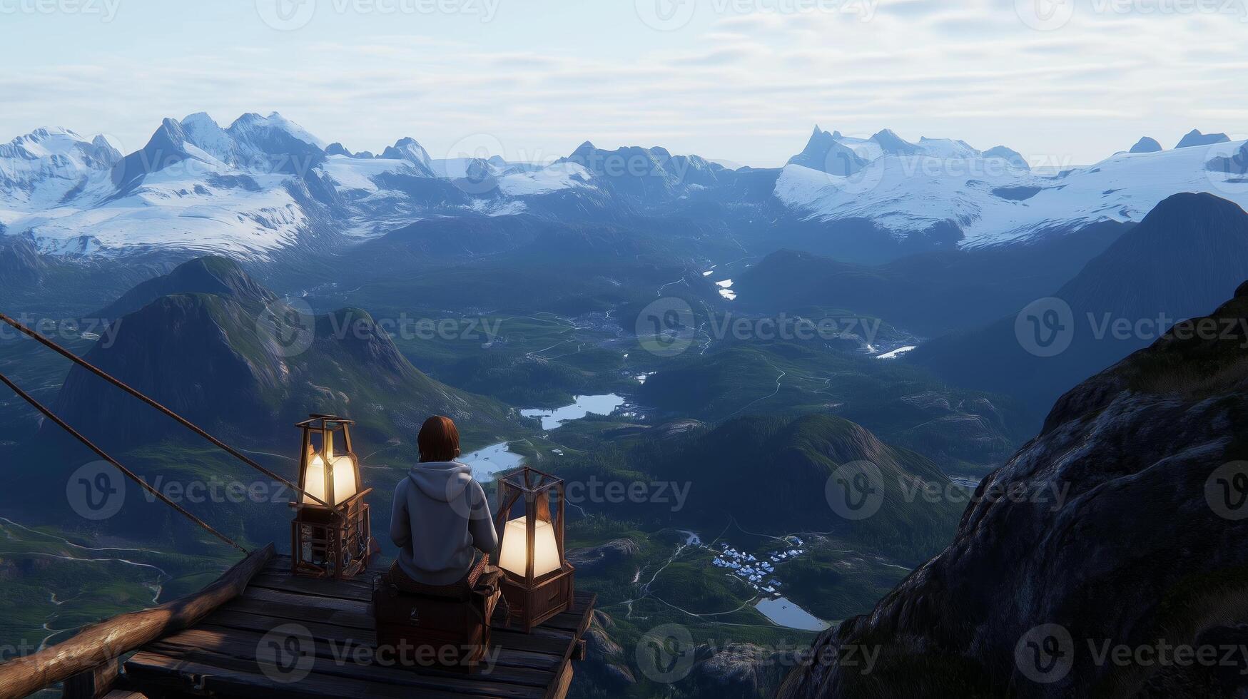 A person enjoys breathtaking mountain views from a wooden platform on a sunny day in the Norwegian fjords, surrounded by snow-capped peaks photo