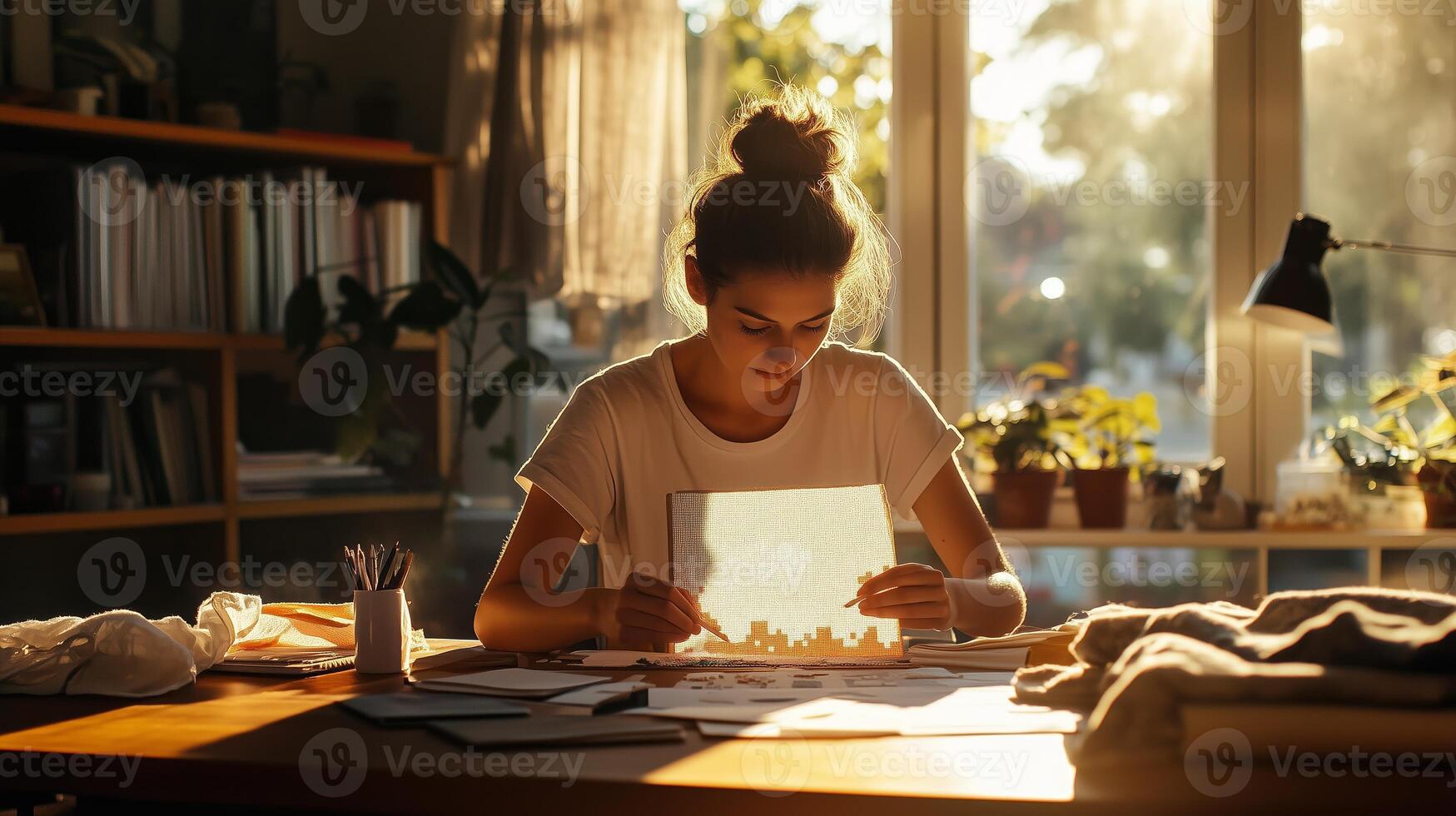 A woman creating art at a sunlit desk surrounded by plants during the golden hour photo