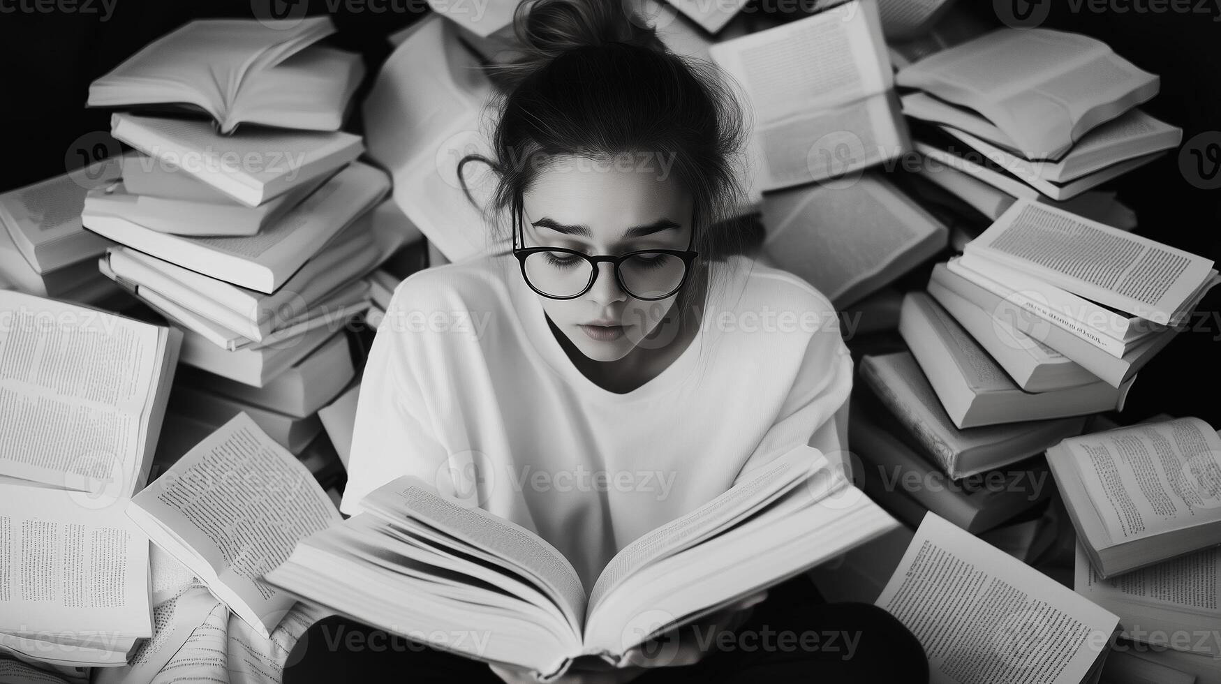 A young woman immersed in reading surrounded by stacks of open books in a cozy indoor setting photo
