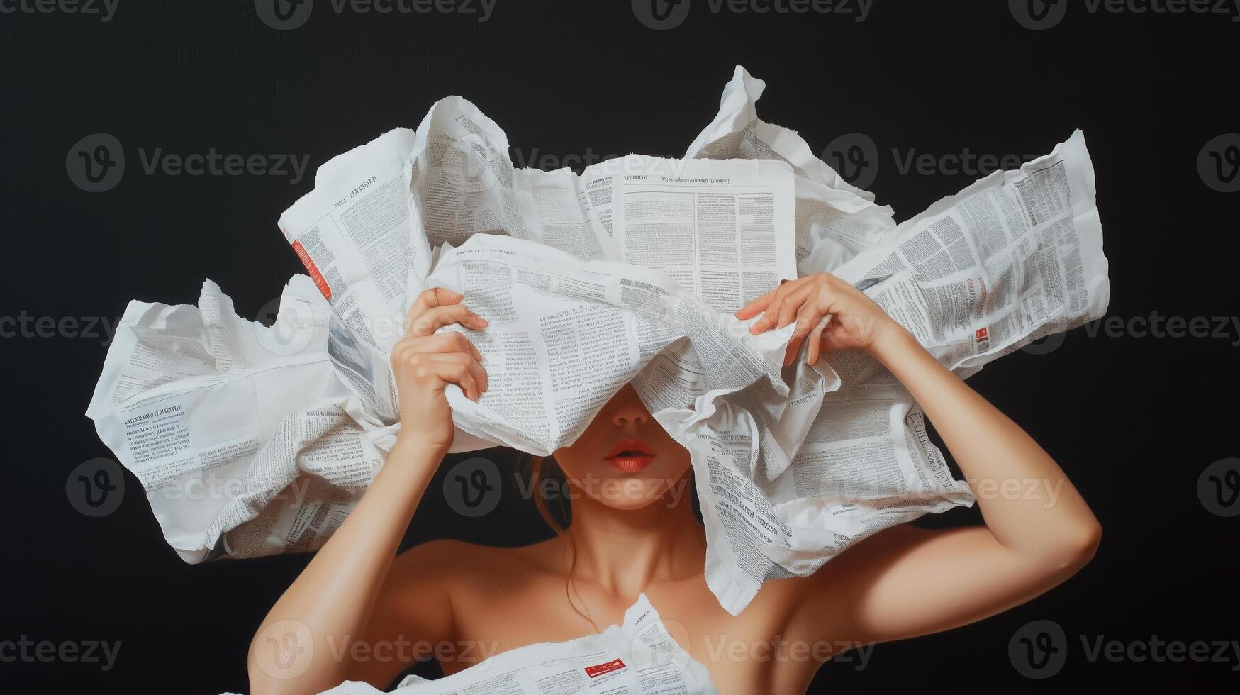 A woman covered in newspapers expressing feelings of overwhelm against a dark background in a creative art display photo