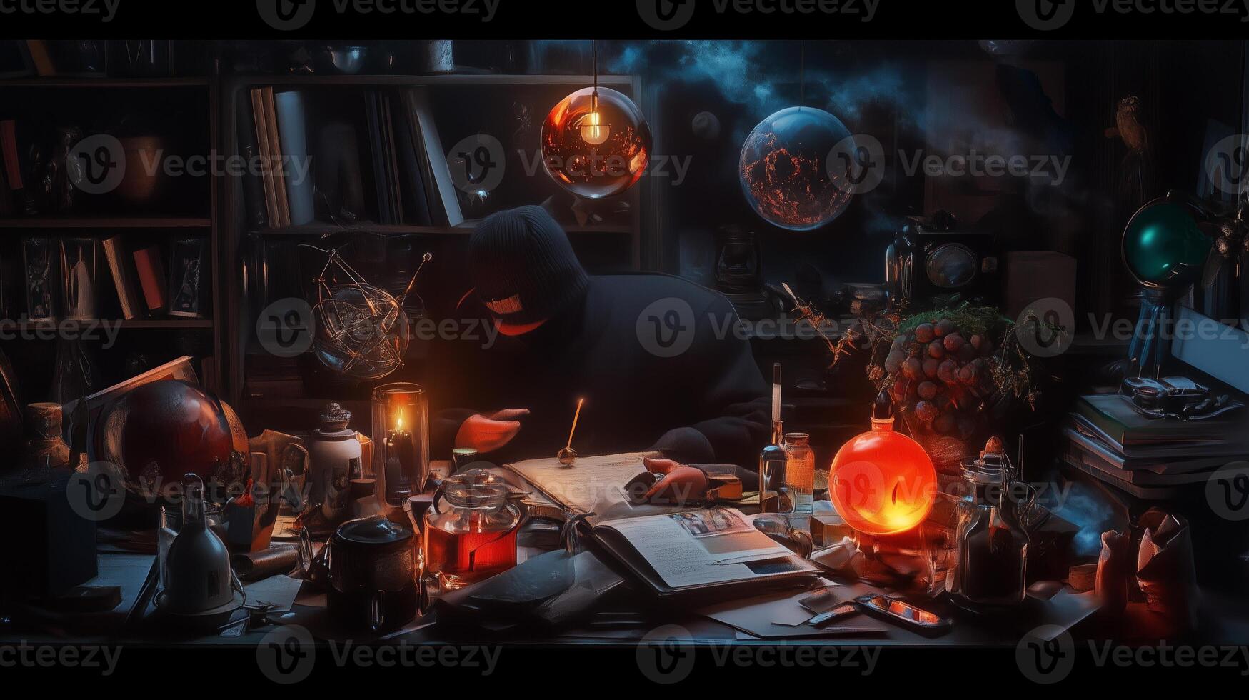 A cloaked figure engaged in mystical writing at a cluttered desk surrounded by glowing orbs in a dimly lit room photo