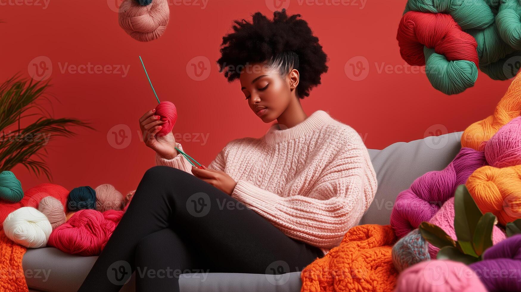 A woman knits in a cozy living room filled with colorful yarn balls against a vibrant red wall photo
