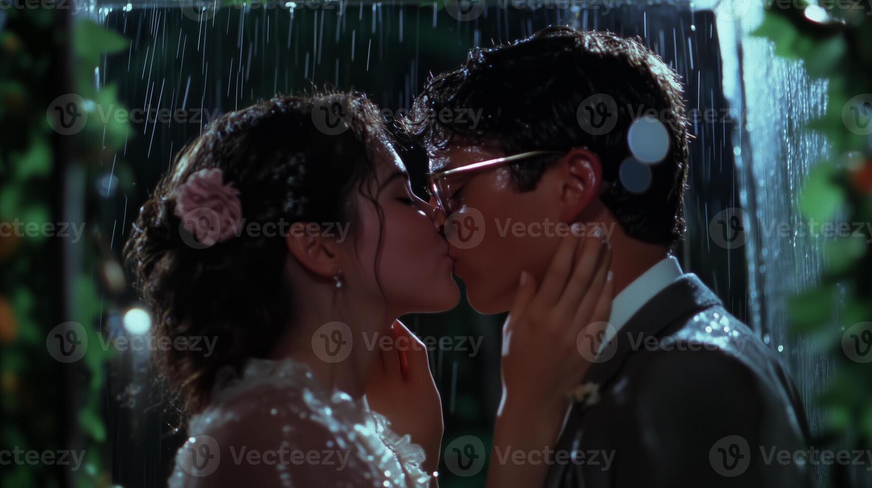 Romantic couple sharing a passionate kiss in the rain during an intimate evening setting surrounded by greenery photo