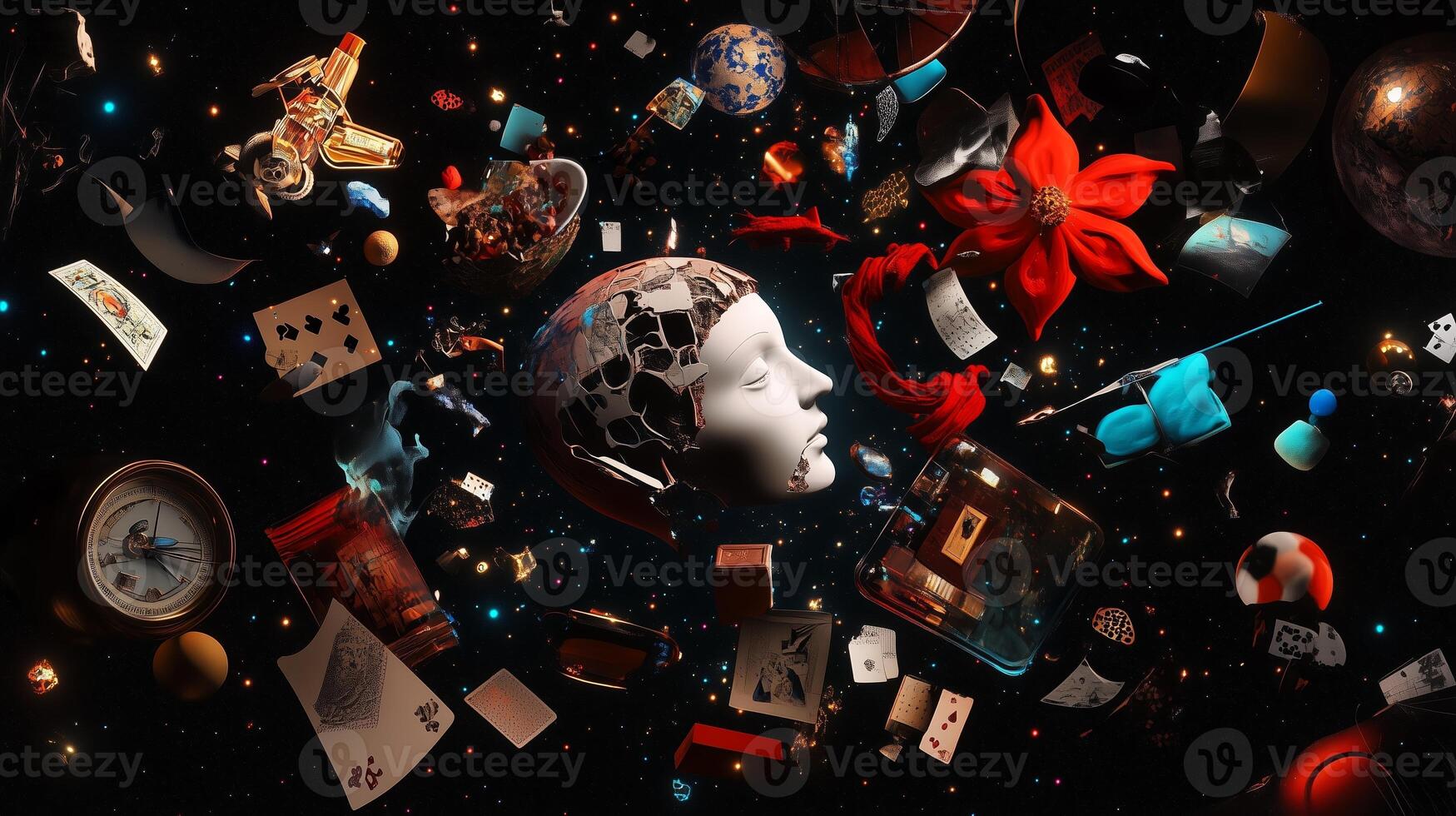 An abstract exploration of consciousness with various objects and a fragmented head in a surreal cosmic environment photo