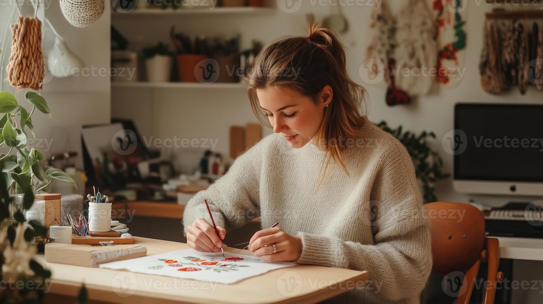 A young woman creates colorful artwork while sitting at a cozy desk in her home studio, surrounded by plants in natural light photo