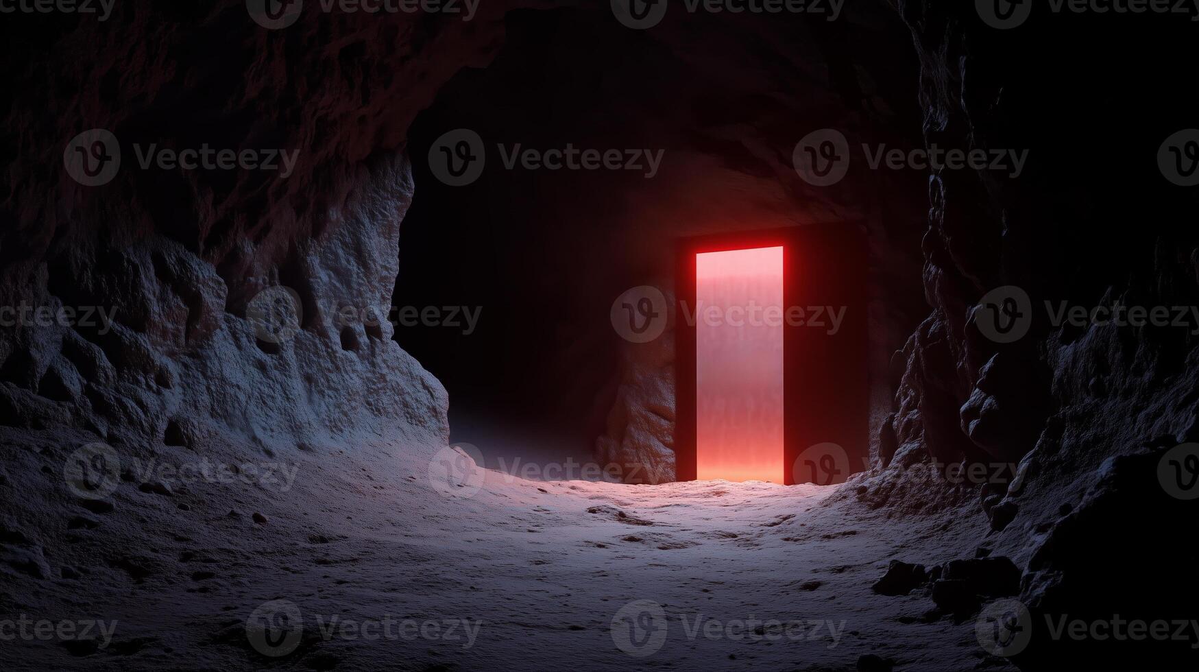 Mysterious red-lit door in a dark cave interior at dusk invites exploration and contemplation of hidden secrets photo