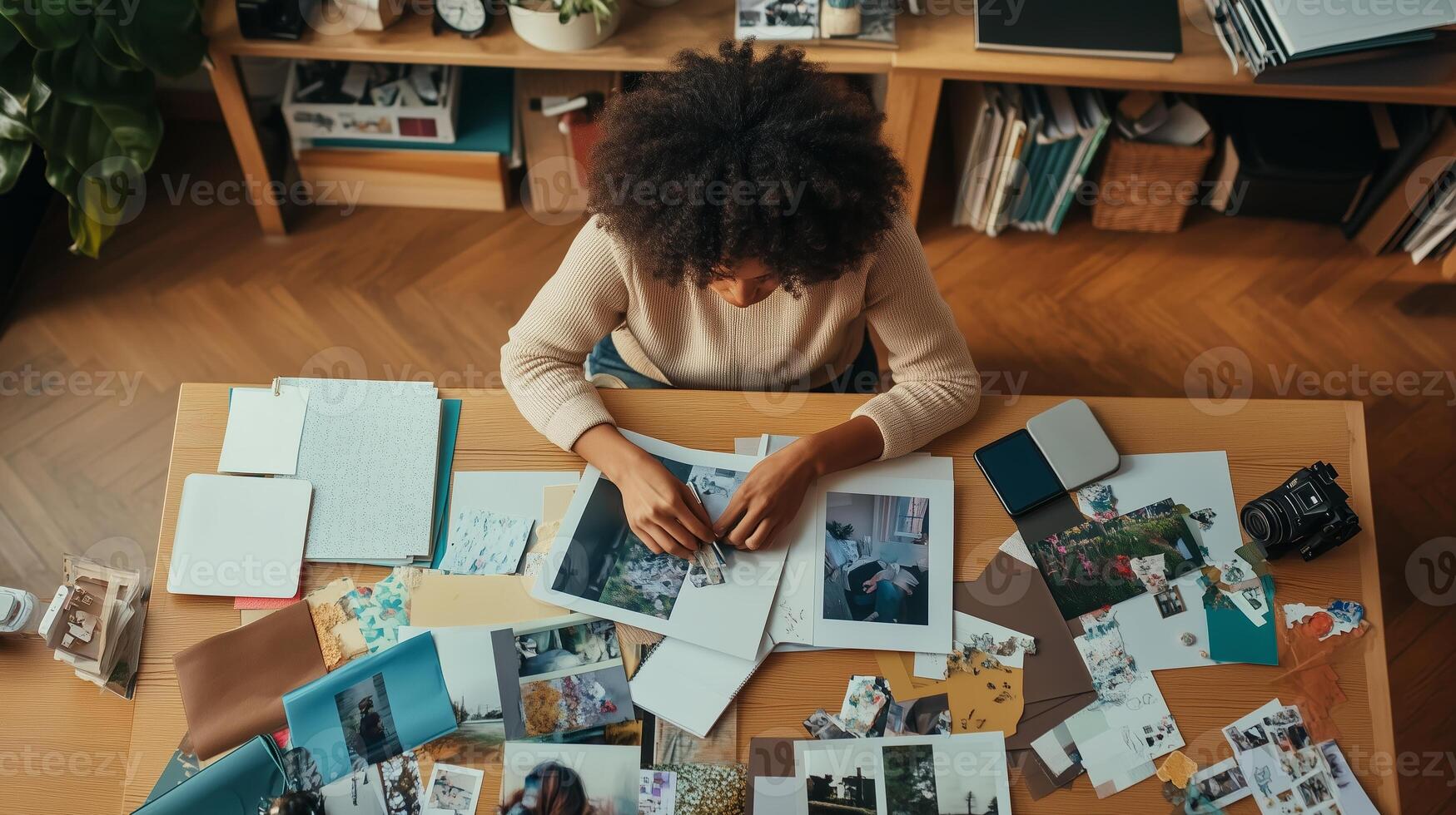 A woman engaged in creative scrapbooking at a wooden table surrounded by photos and materials in a cozy indoor workspace during daylight