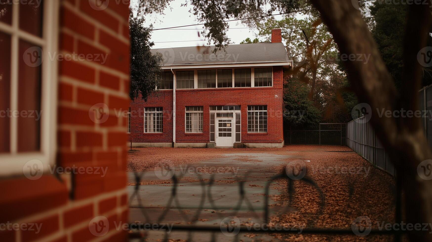 Historic red brick building surrounded by trees and leaves on a quiet afternoon in a rural setting photo