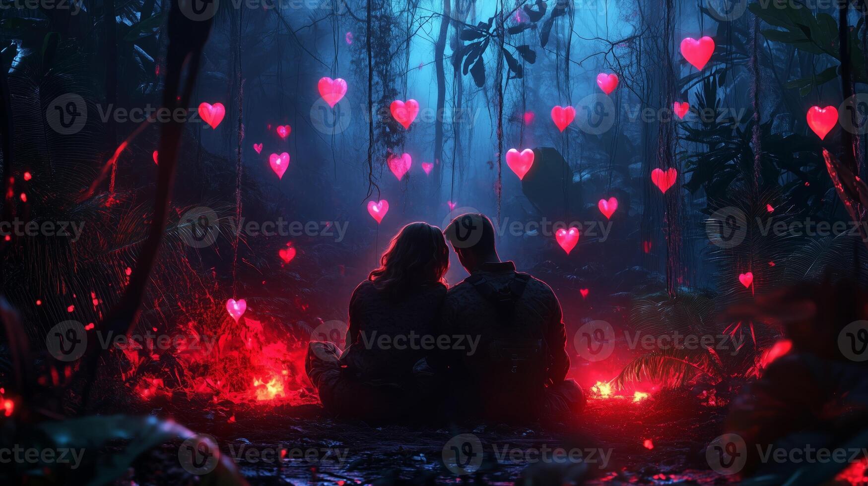 Couple sitting together in a vibrant jungle filled with glowing hearts during a romantic evening photo