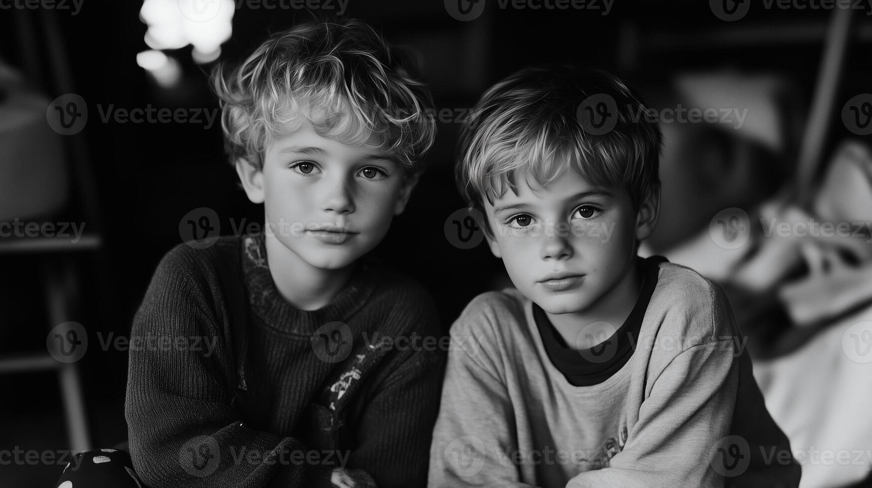 Two young boys with curly hair posing closely together in a cozy indoor setting during afternoon light photo