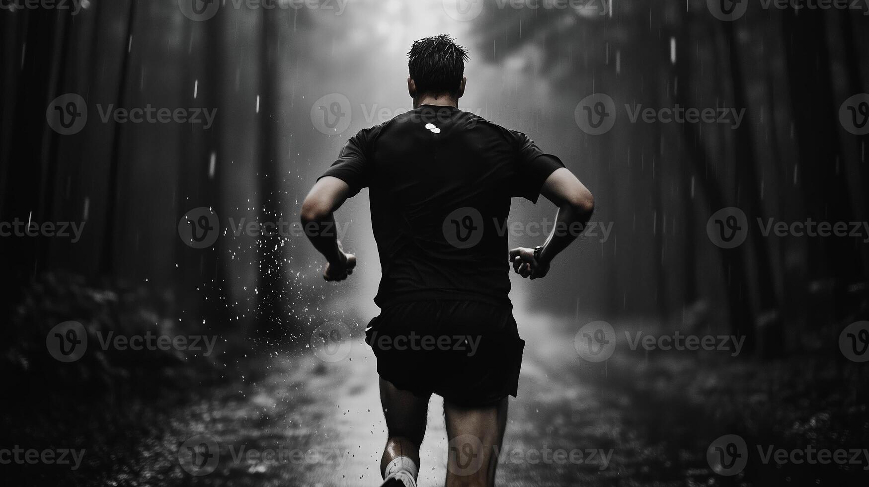 A solitary runner sprints through a misty forest path amidst a heavy rain in a tranquil natural setting photo