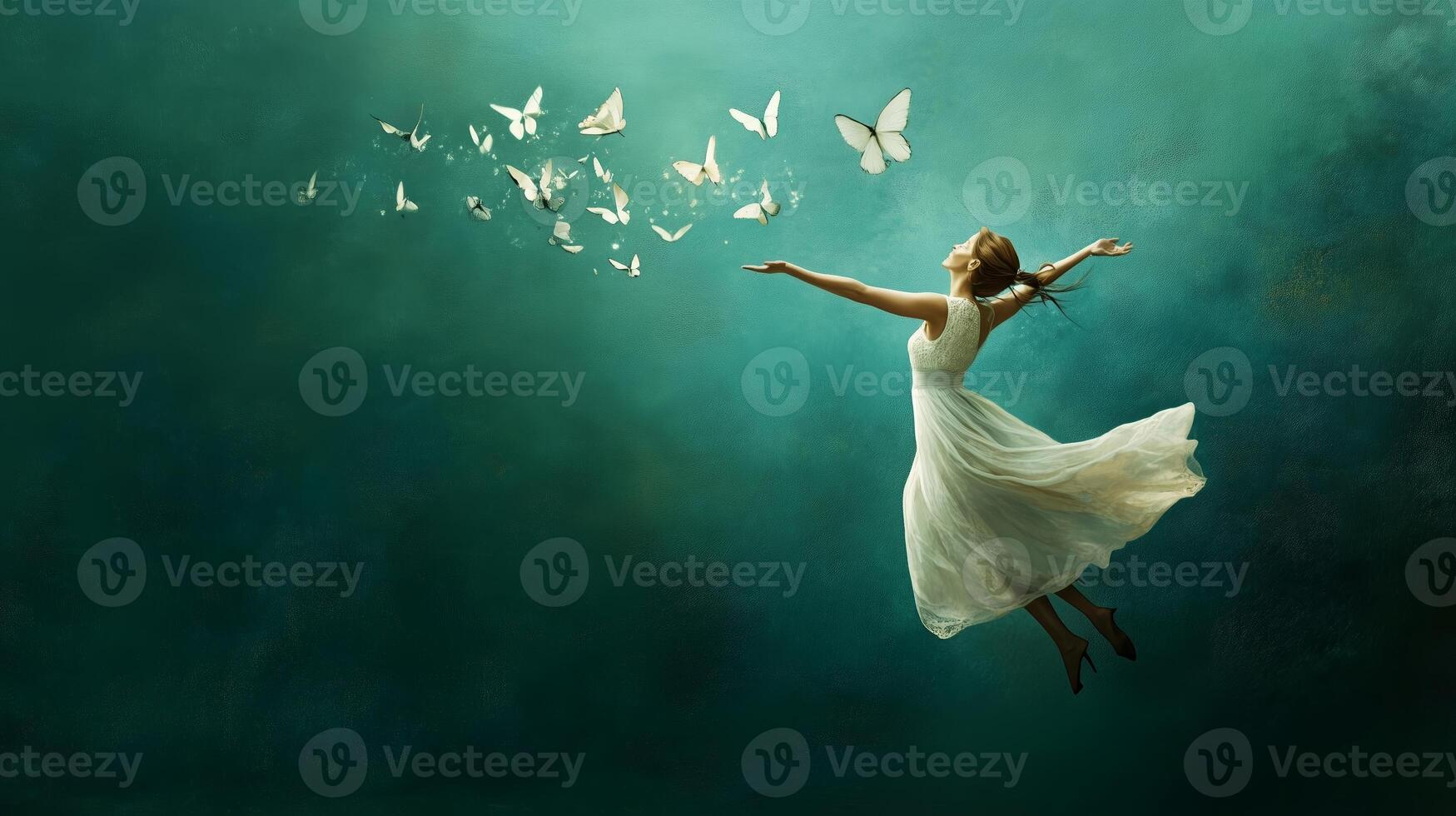 A woman in a flowing white dress joyfully releases butterflies into the serene blue atmosphere during a tranquil moment photo