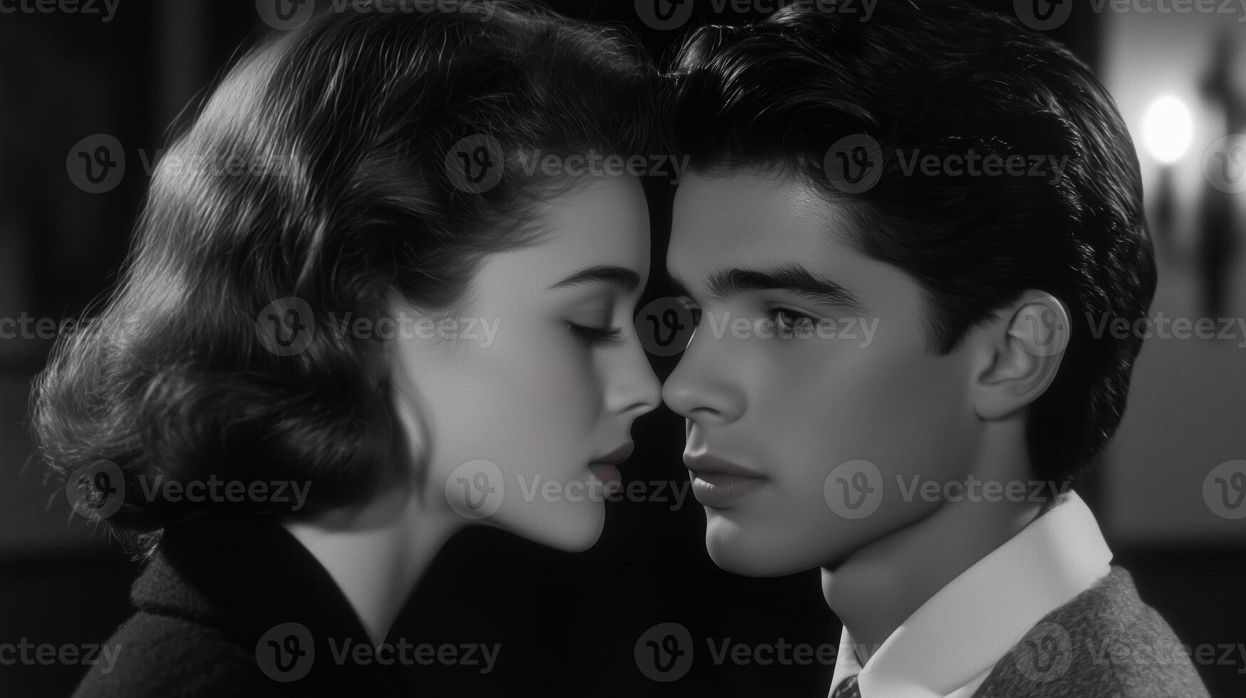 A romantic moment between a young couple in a dimly lit setting during the 1950s, capturing intimate emotions and youthful love photo