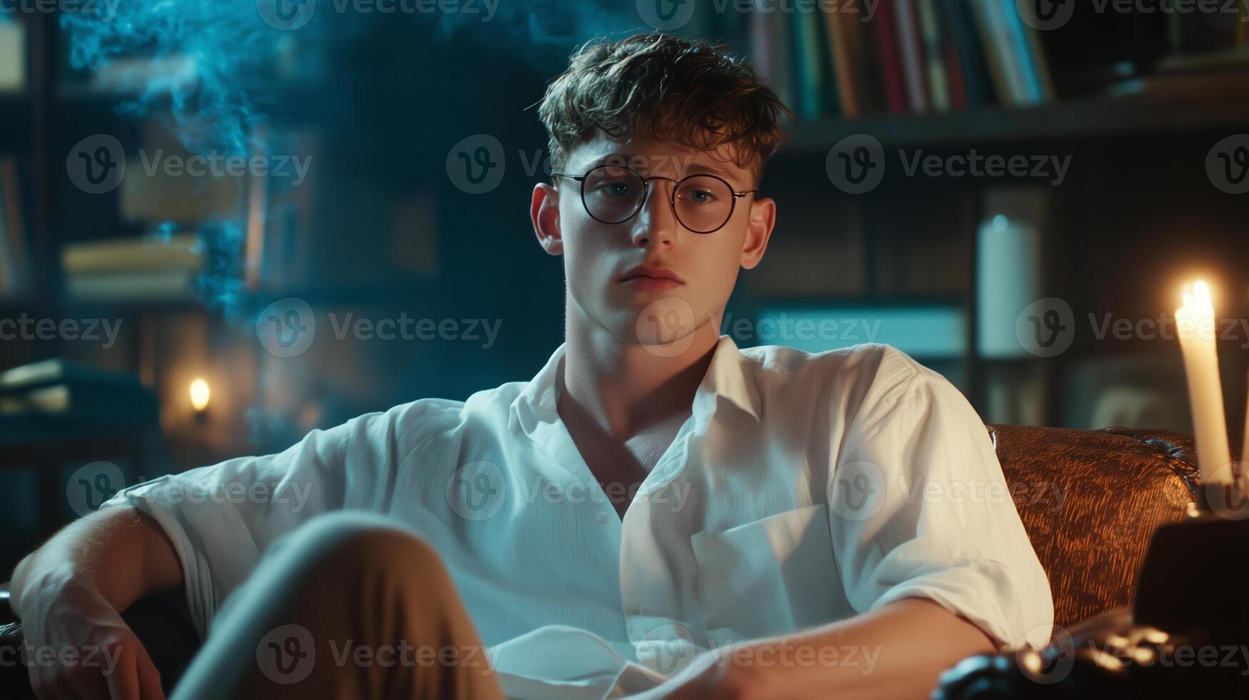 Young man in white shirt sitting thoughtfully in an atmospheric library with candles and smoke during the evening photo