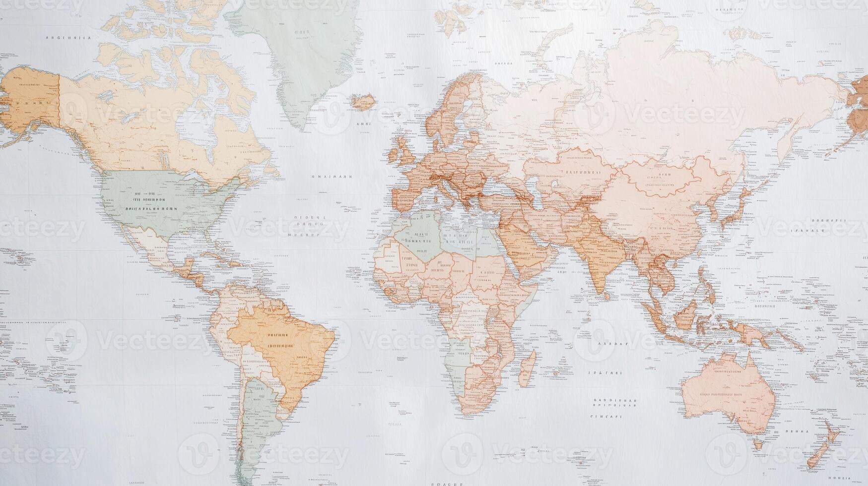 World map showing continents, countries, and major landmarks in soft colors and detailed cartography on a neutral background photo