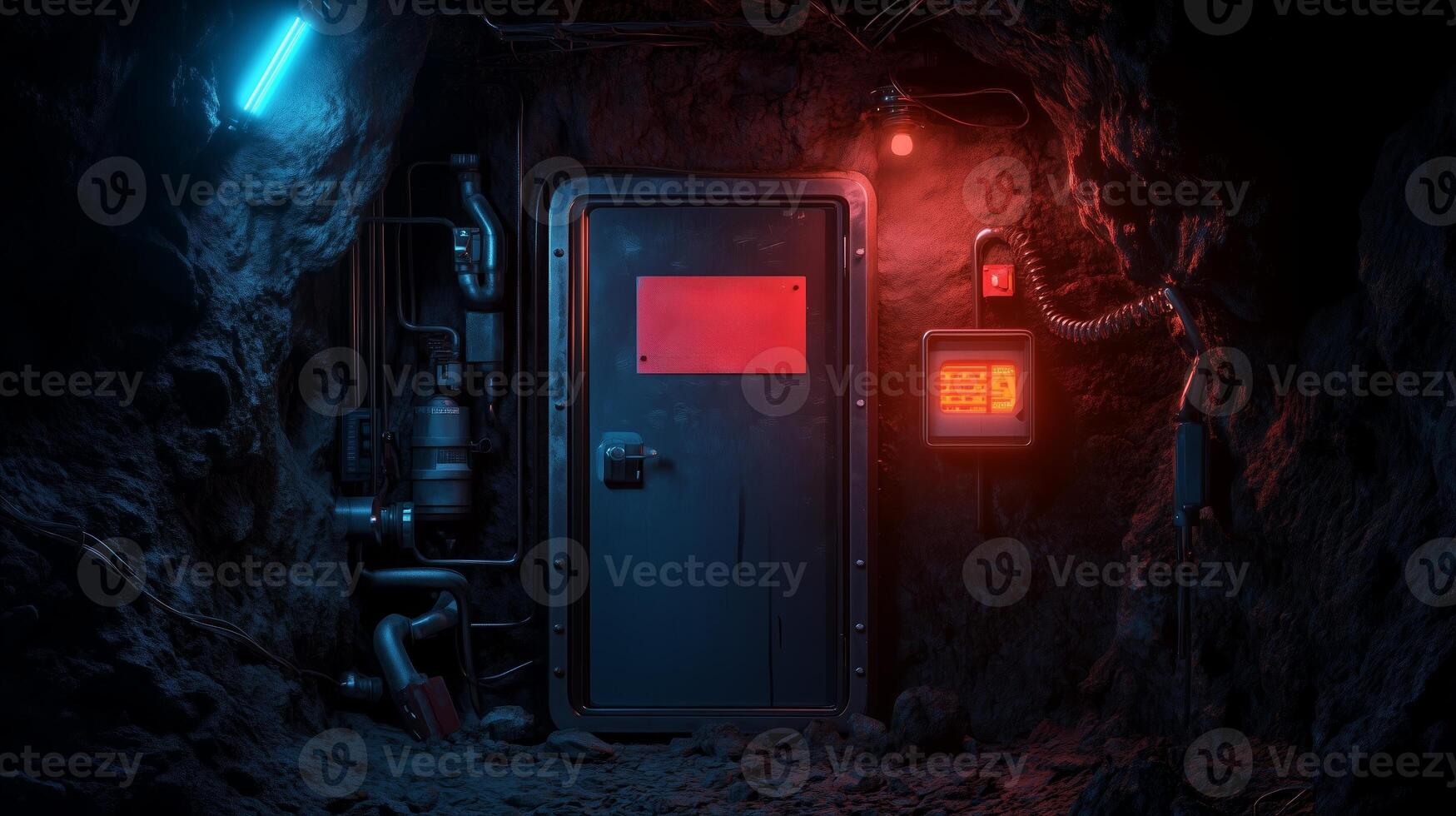 Mysterious underground tunnel entrance with blue and red lighting in a dark cave setting photo