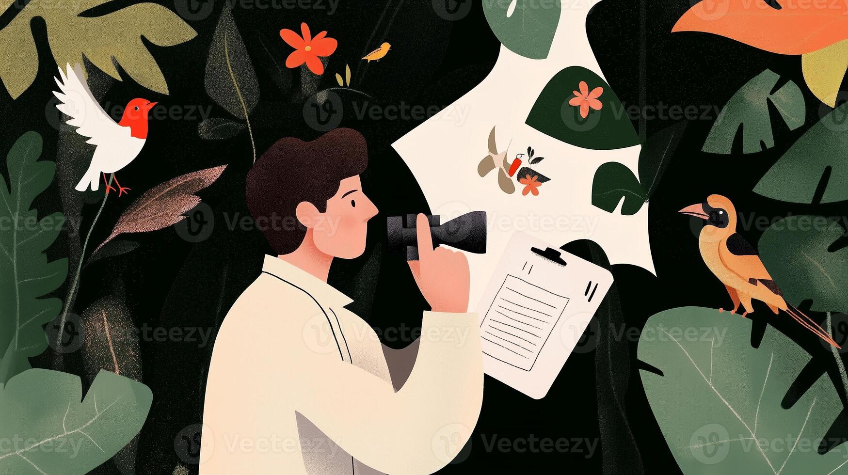 A researcher observes tropical birds while documenting findings in a lush jungle during daylight hours photo