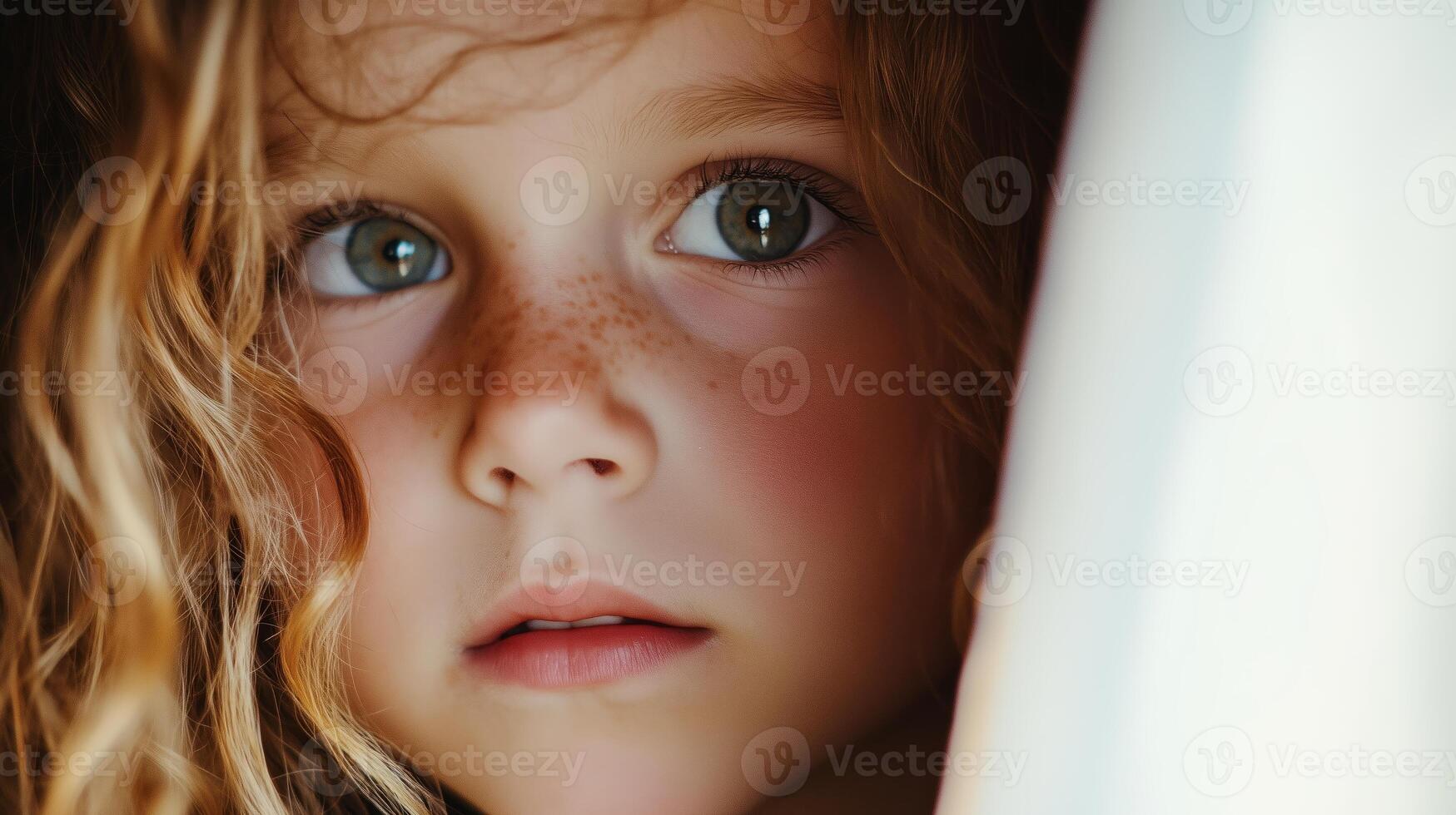 A young girl with curly hair peering thoughtfully from behind a white curtain in soft, natural light on a serene afternoon photo