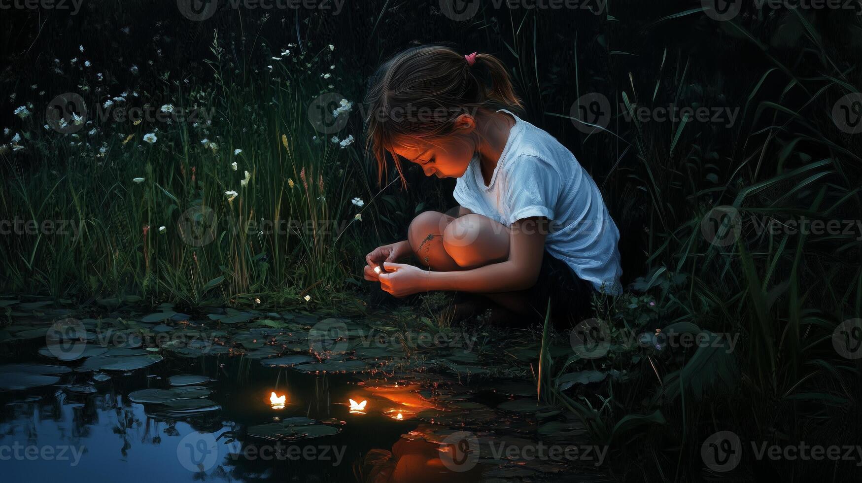 Child engages in quiet reflection by the pond during twilight, floating illuminated paper boats amidst the tranquil water lilies photo