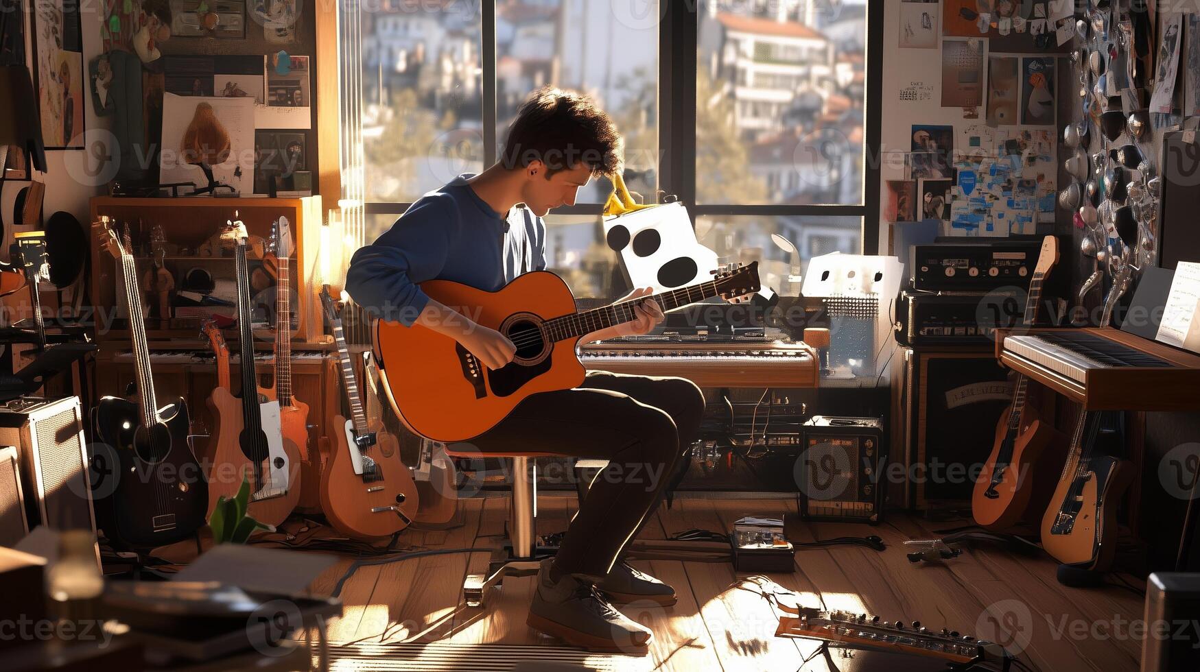 A young musician plays an acoustic guitar in a sunlit home studio filled with various musical instruments and creative decor photo