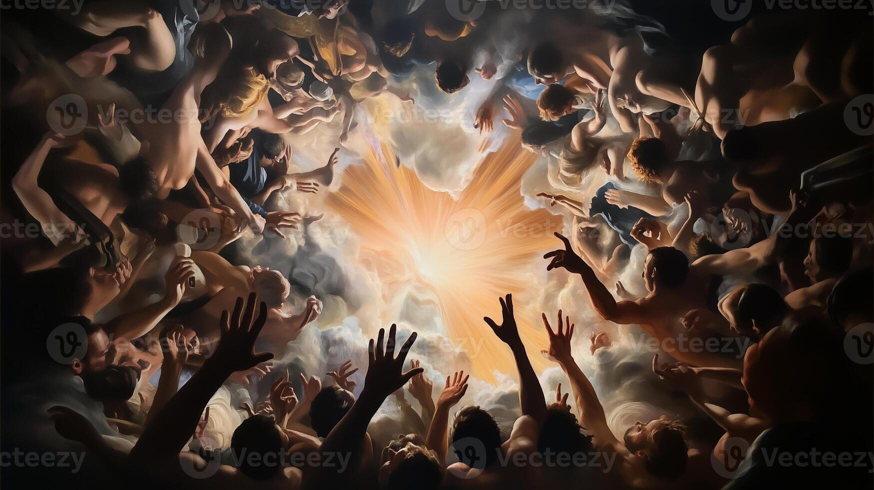 Dramatic portrayal of humanity reaching for light in a swirling cloudscape during an artistic representation of hope and aspiration photo
