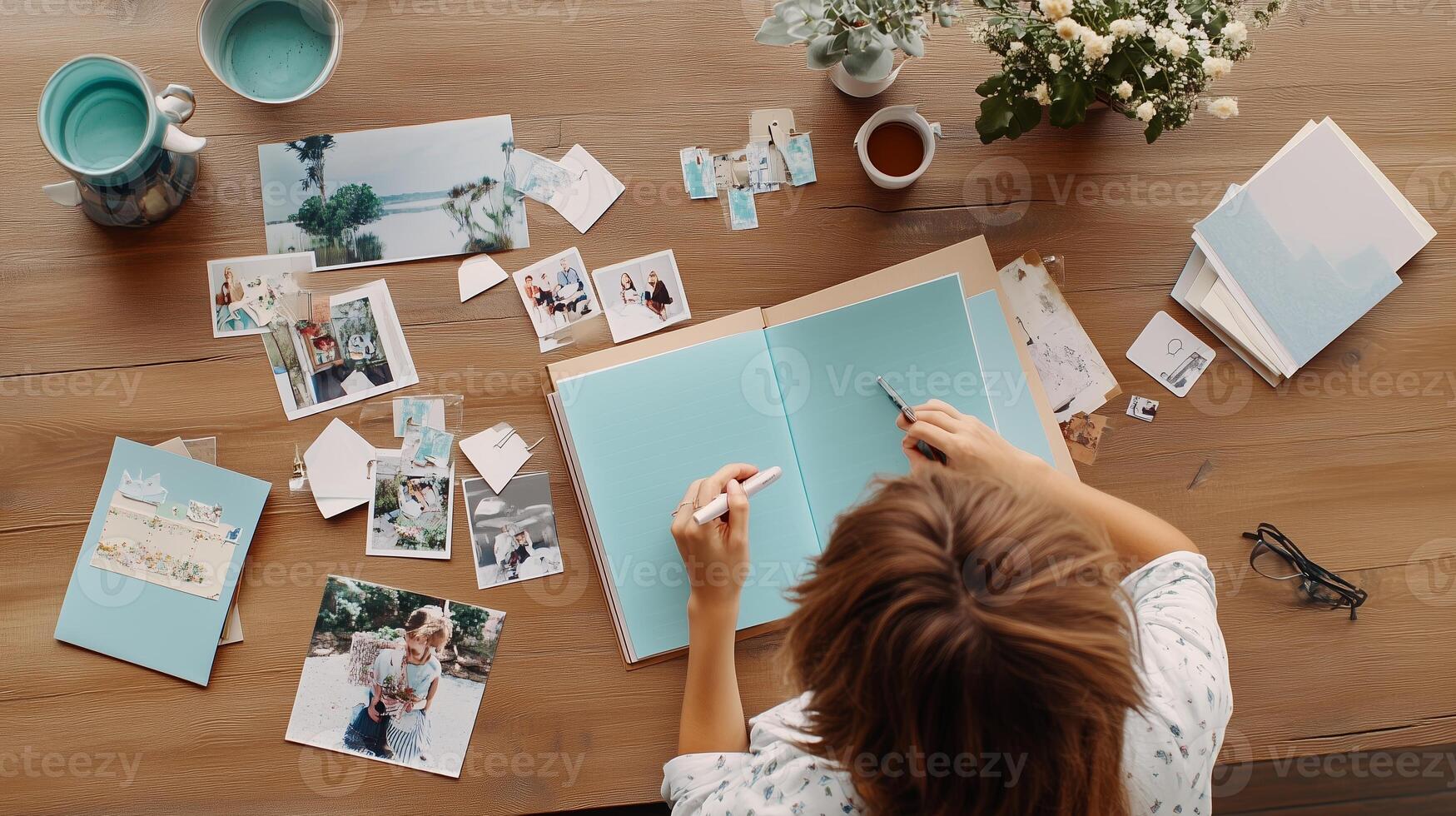 Creating a personalized scrapbook with photos and decorations on a wooden table at home during the afternoon