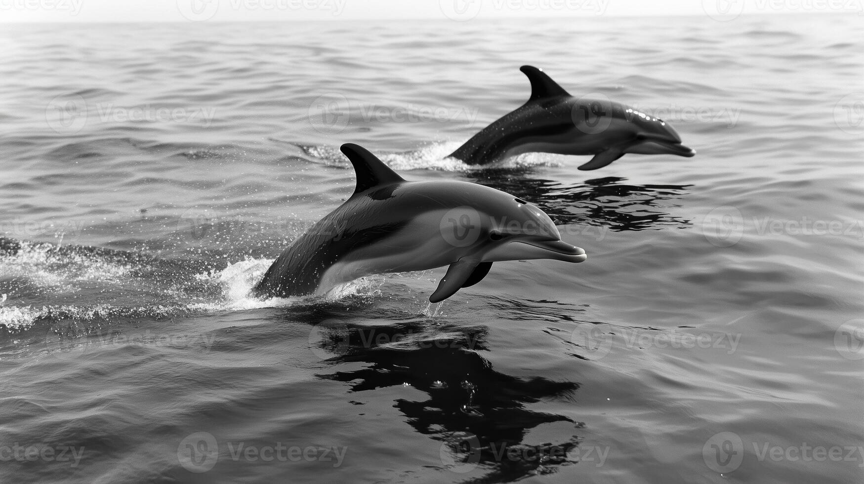 Dolphins gracefully leap above serene ocean waters at dawn, showcasing their agility and playfulness in the calm sea photo