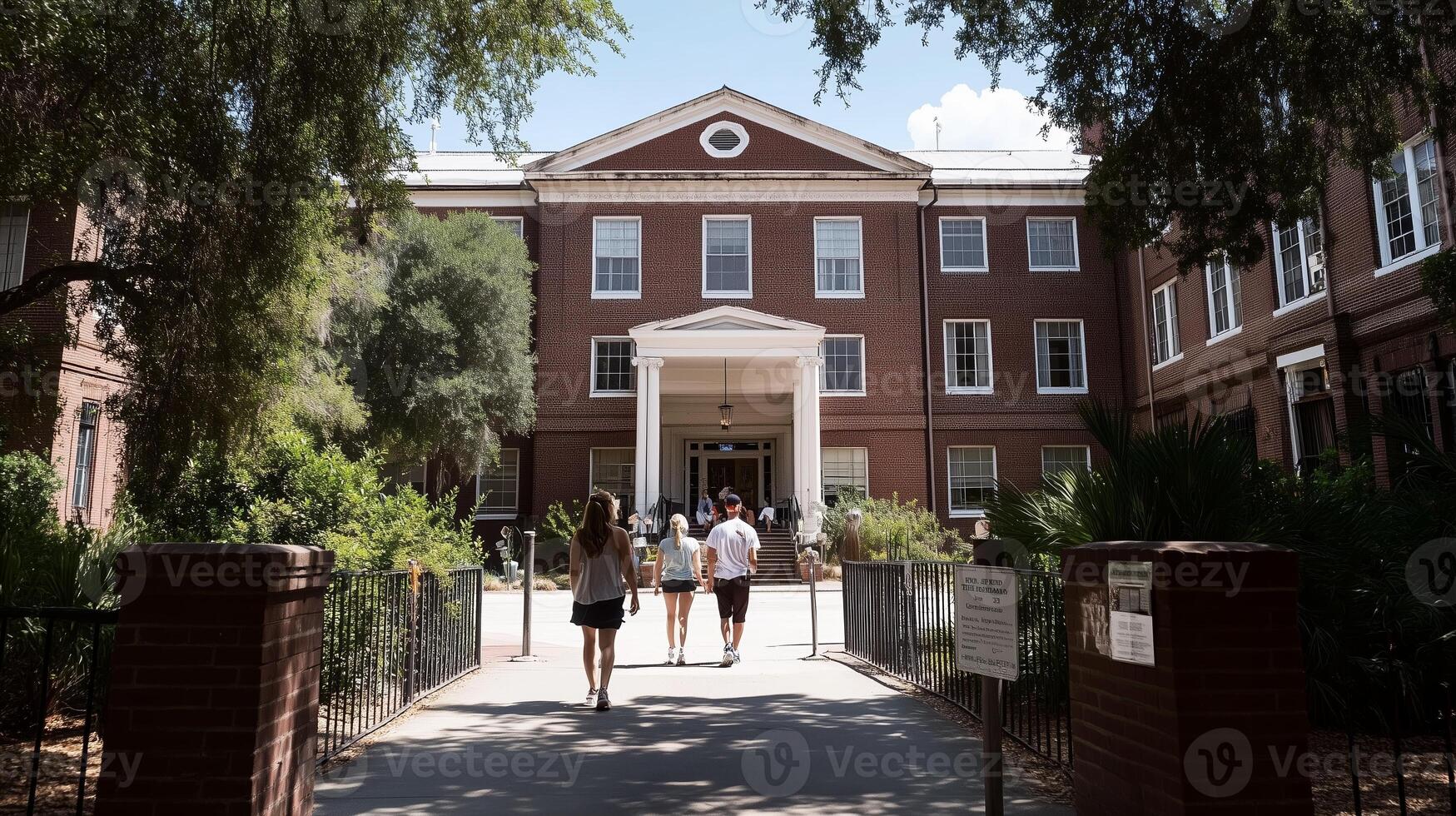 Group of students walking towards historic building on a sunny day in a university campus photo