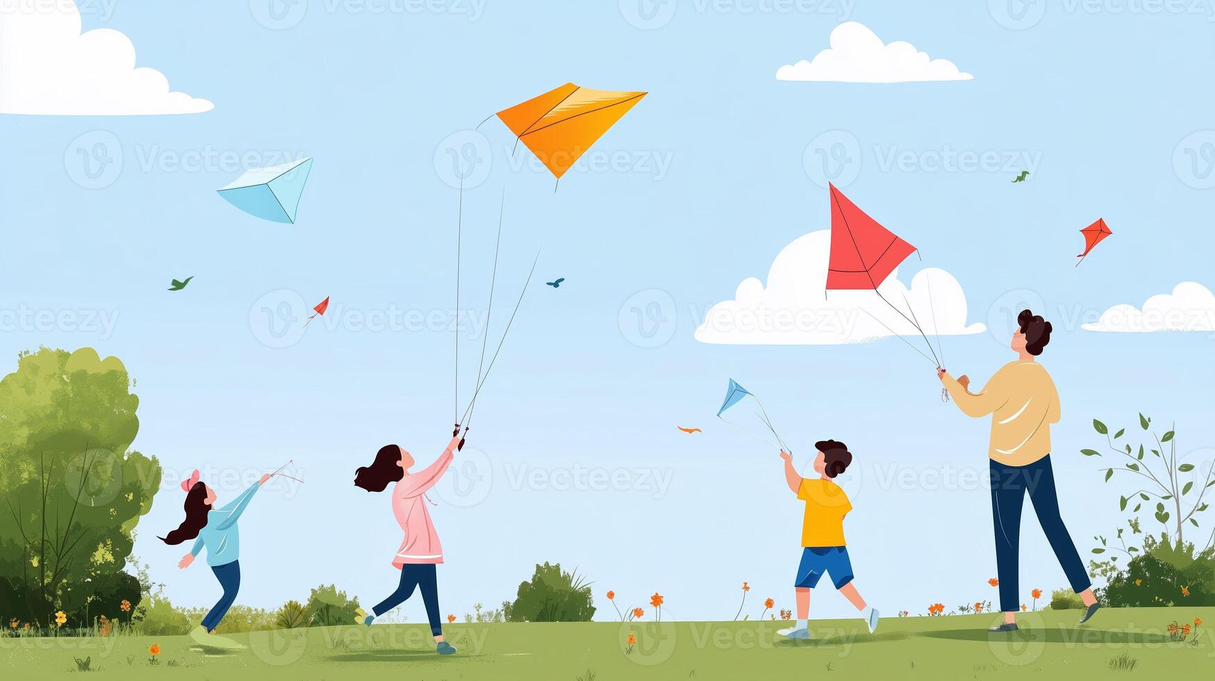 Children and an adult fly colorful kites together in a sunny park during a beautiful afternoon photo