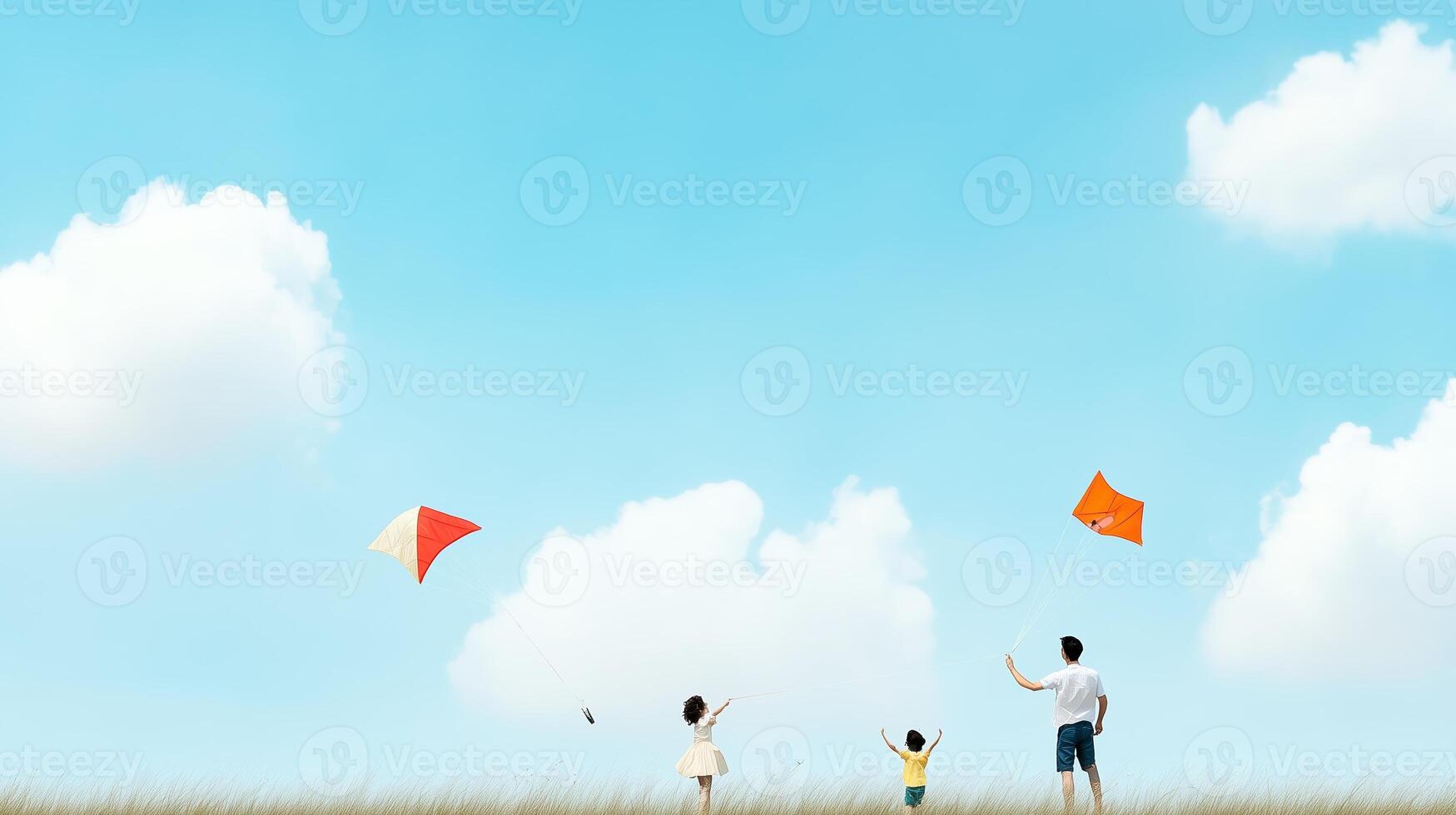 Families enjoying a sunny day flying colorful kites in an open field with fluffy clouds in the background photo