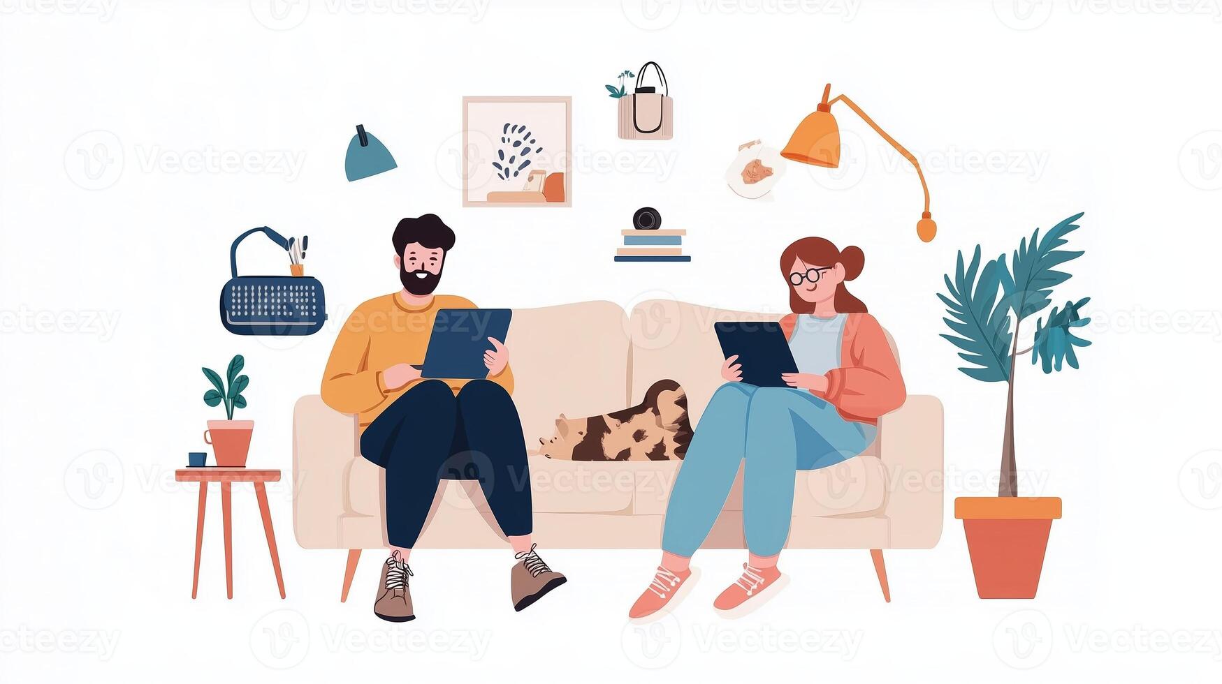 A couple relaxing on a sofa while working on devices in a cozy home environment with indoor plants and decorative elements photo