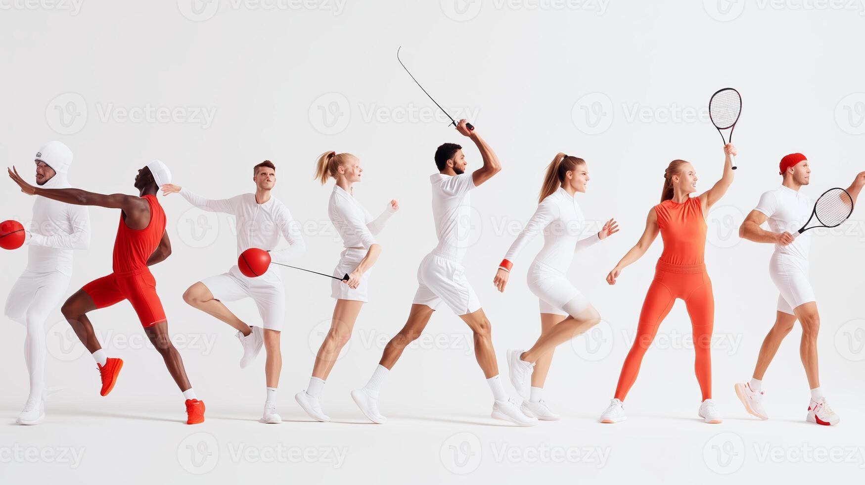 Dressed in white and red, athletes showcase dynamic movements while engaging in various sports in a minimalist studio setting photo