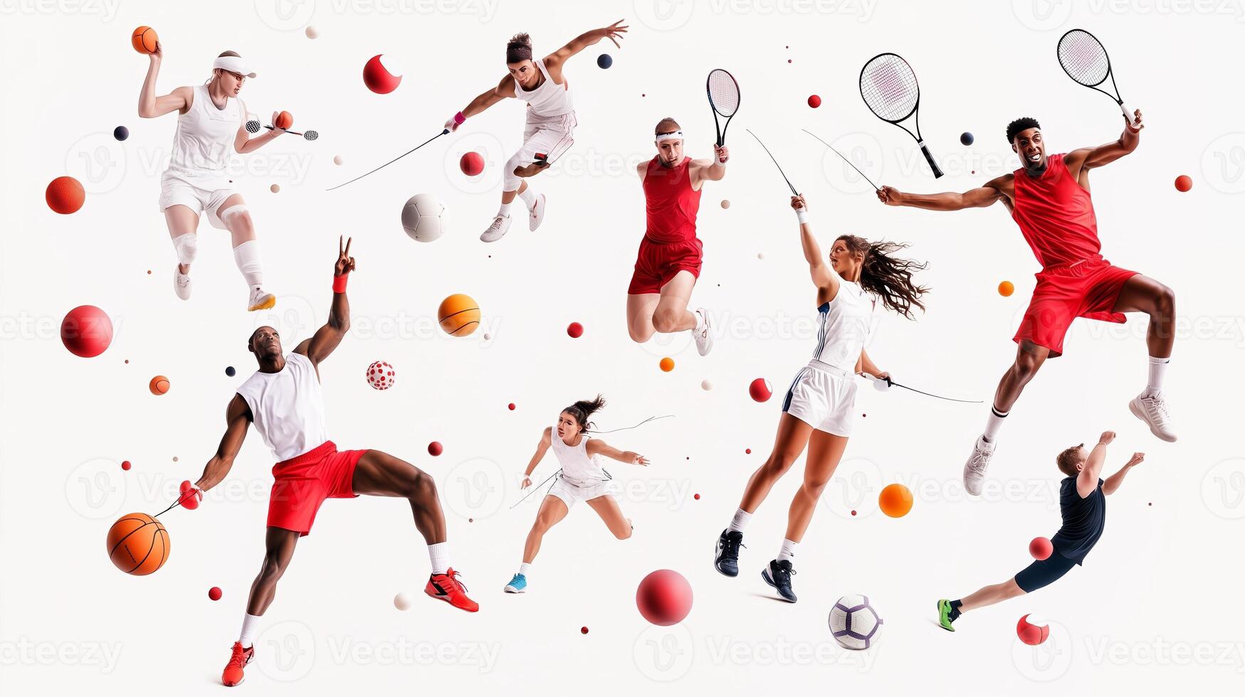 Dynamic athletes in action showcasing various sports with colorful balls on a white background photo