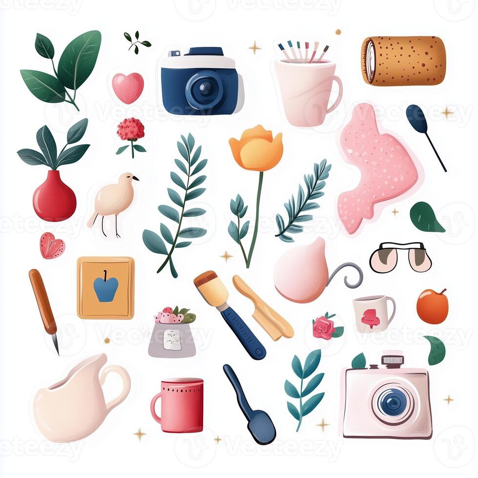 Colorful illustration of various objects including plants, kitchenware, and a camera arranged on a background for creative inspiration photo